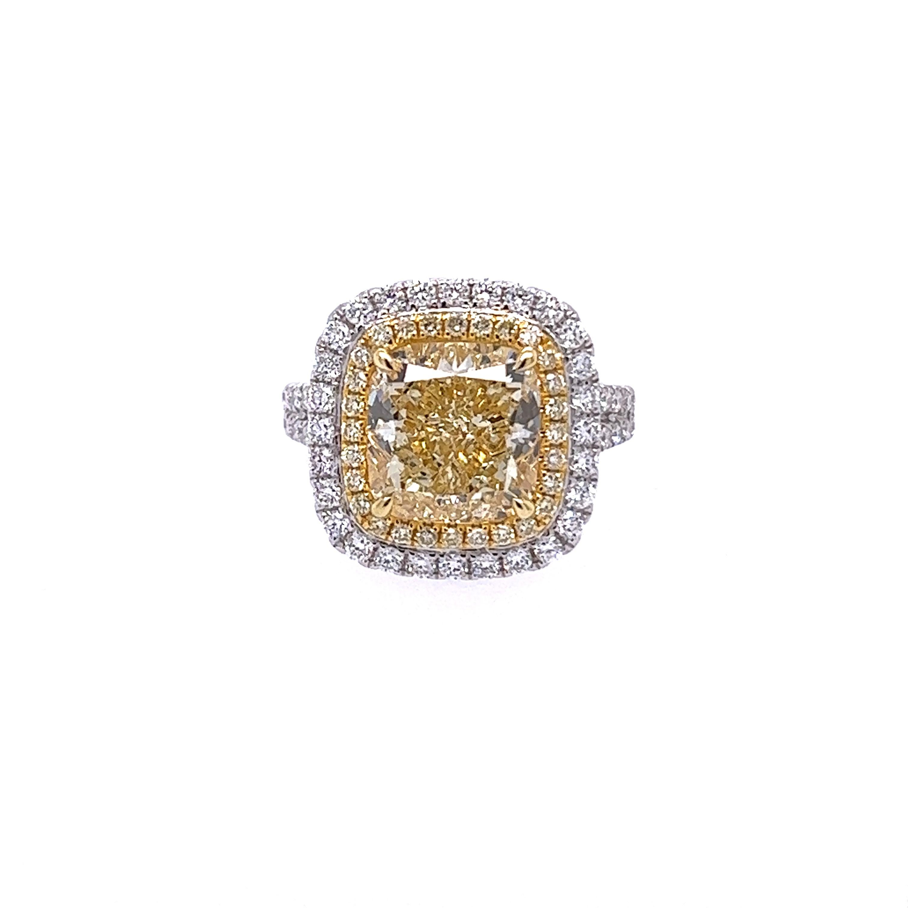 David Rosenberg 6.14 Cushion Light Yellow GIA Halo Diamond Engagement Ring  For Sale 1