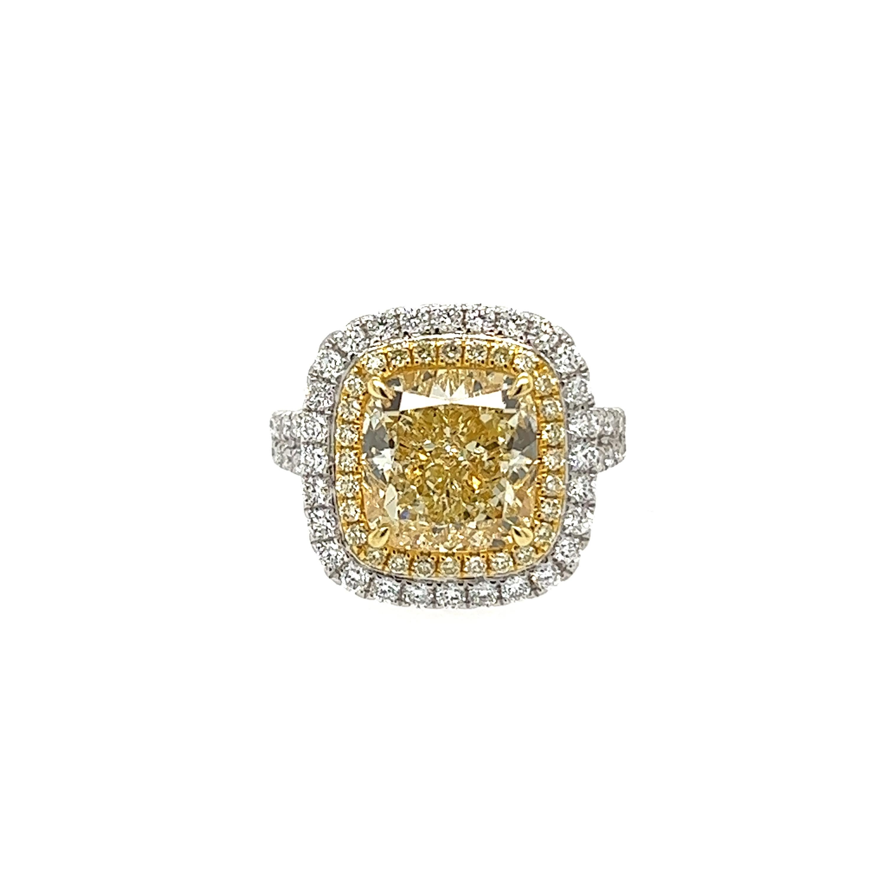 David Rosenberg 6.14 Cushion Light Yellow GIA Halo Diamond Engagement Ring  For Sale 2