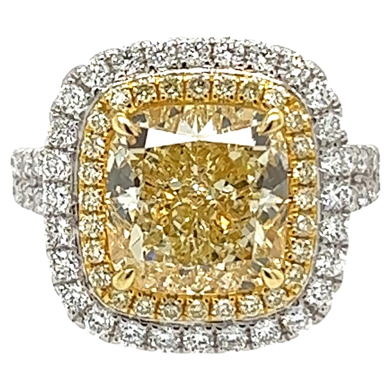 David Rosenberg 6.14 Cushion Light Yellow GIA Halo Diamond Engagement Ring  For Sale