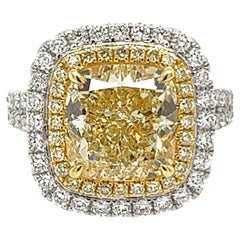 David Rosenberg Bague de fiançailles avec halo de diamants jaune clair coussin 6,14 carats certifié GIA 