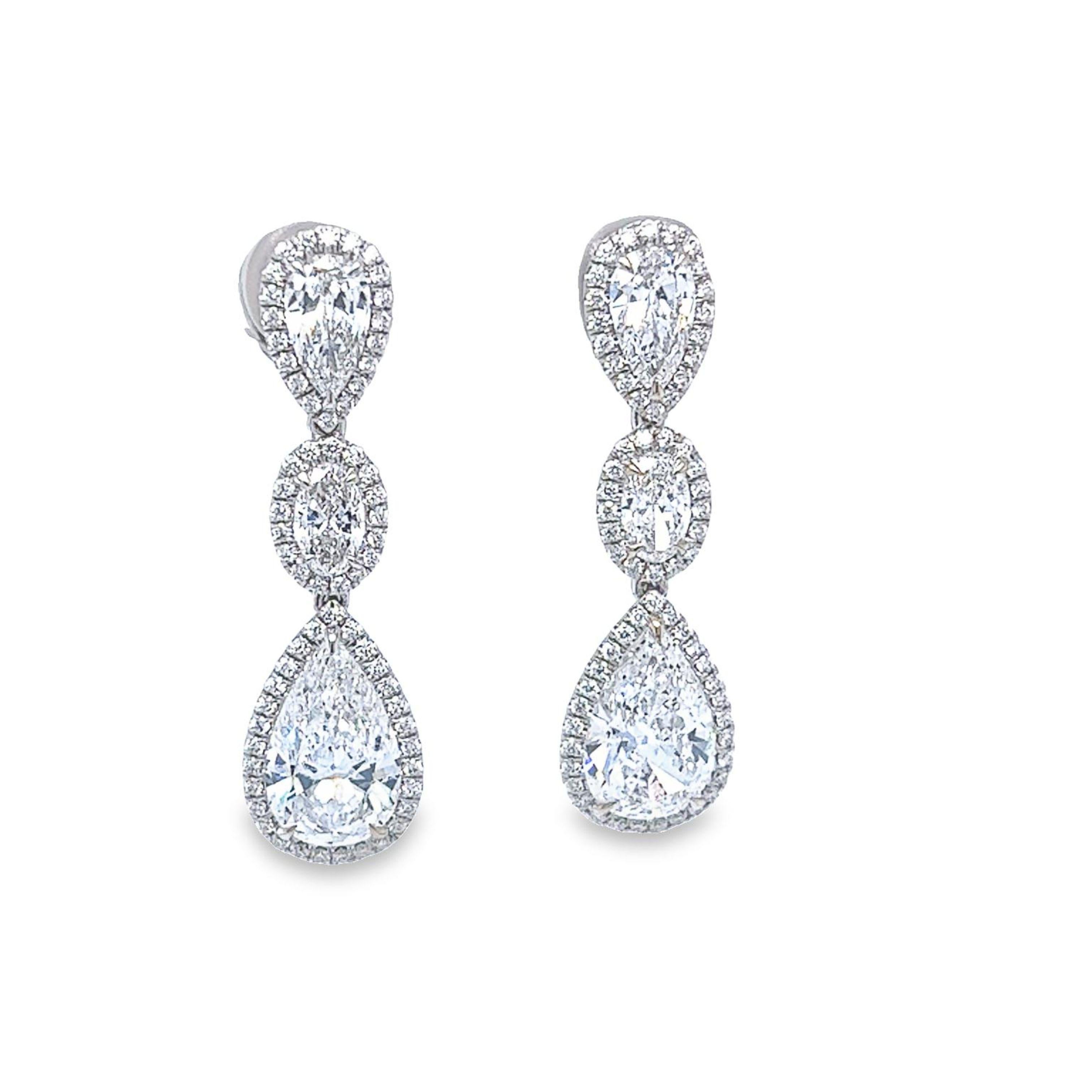 Modern David Rosenberg 6.46 Carat Pear & Oval Shape 3 Tier GIA Diamond Drop Earrings For Sale