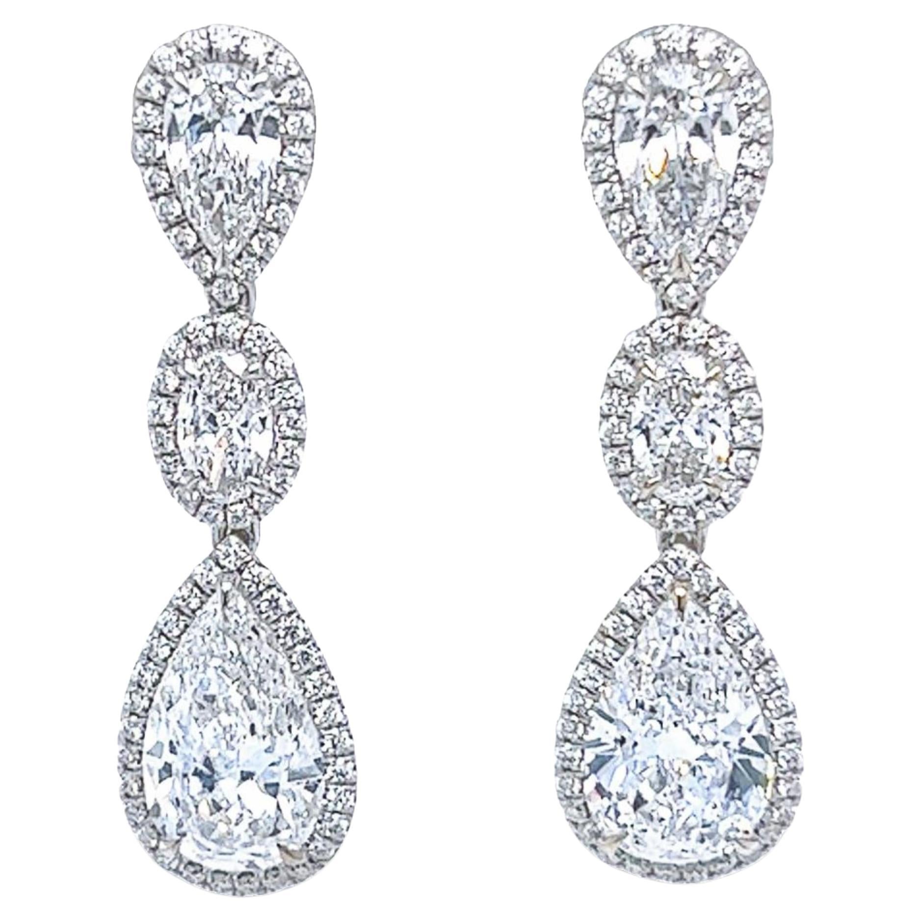 David Rosenberg 6.46 Carat Pear & Oval Shape 3 Tier GIA Diamond Drop Earrings For Sale