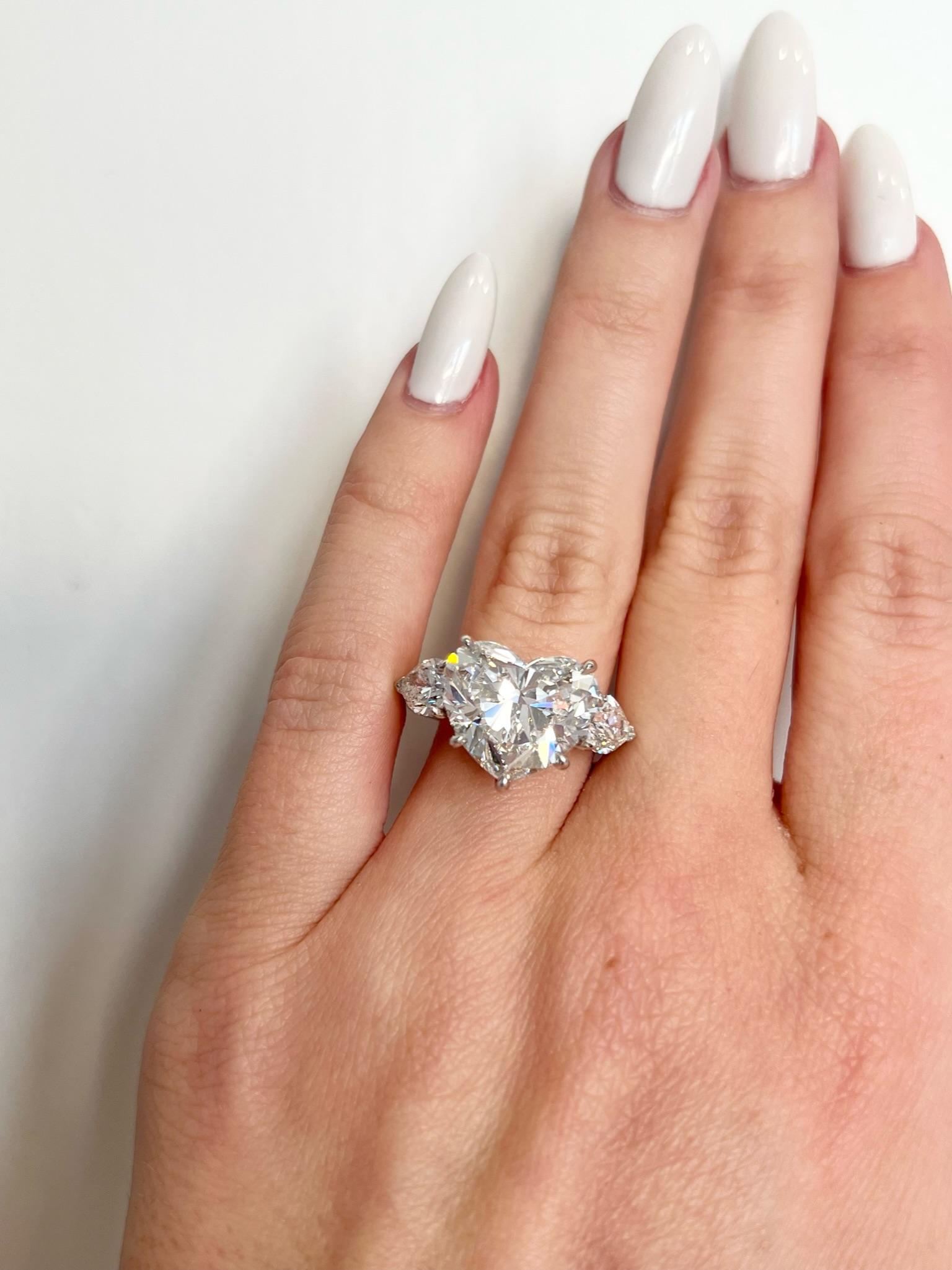 David Rosenberg 7.09 Carat Heart Shape F VS2 GIA 3 Stone Diamond Engagement Ring For Sale 1