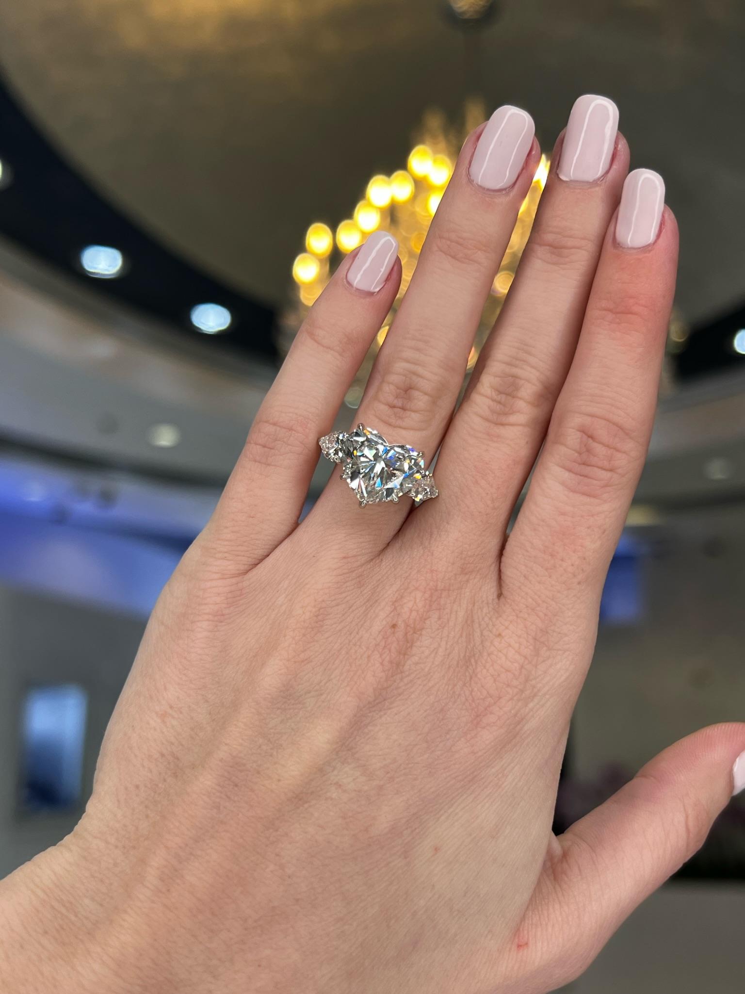 David Rosenberg 7.09 Carat Heart Shape F VS2 GIA 3 Stone Diamond Engagement Ring For Sale 7