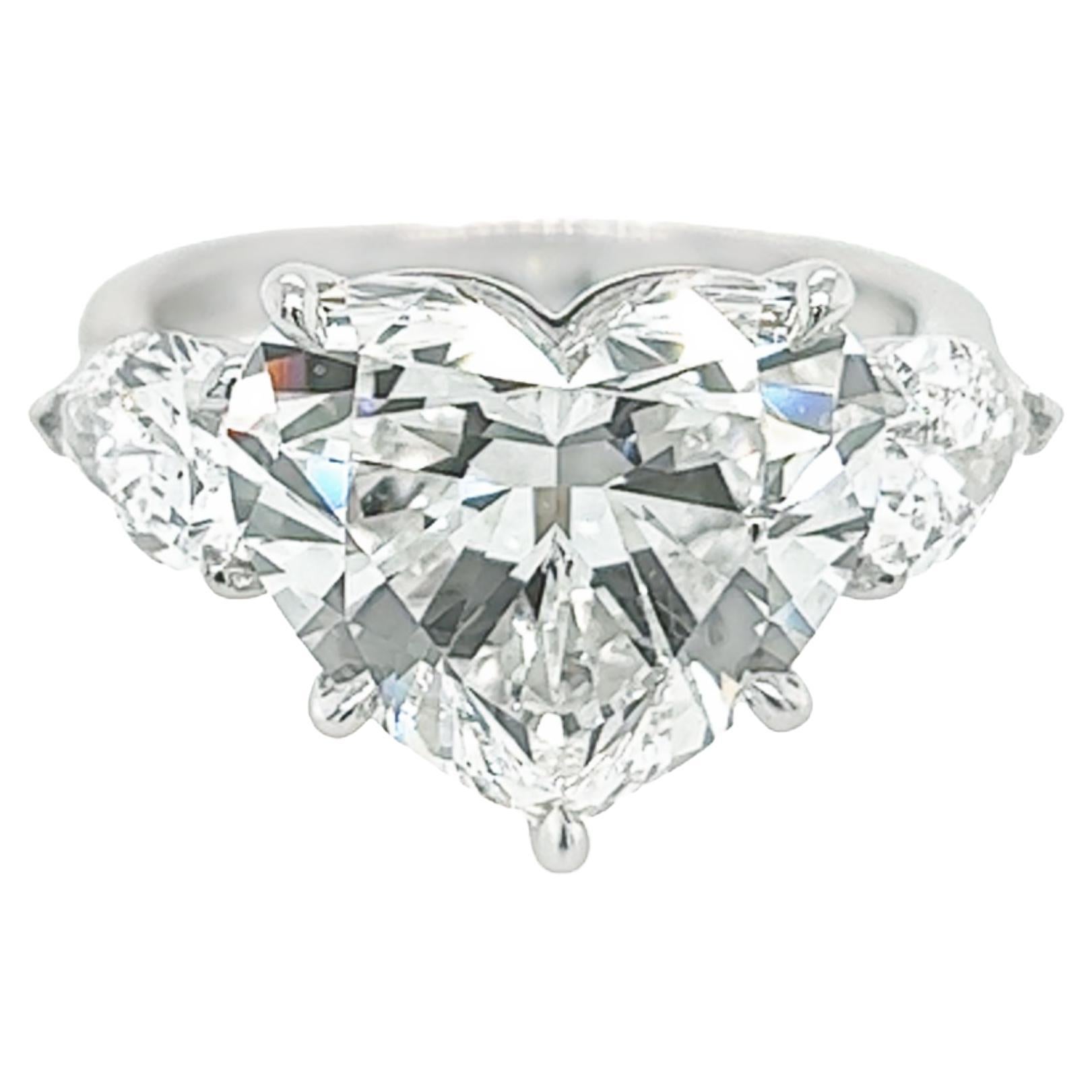 David Rosenberg 7.09 Carat Heart Shape F VS2 GIA 3 Stone Diamond Engagement Ring