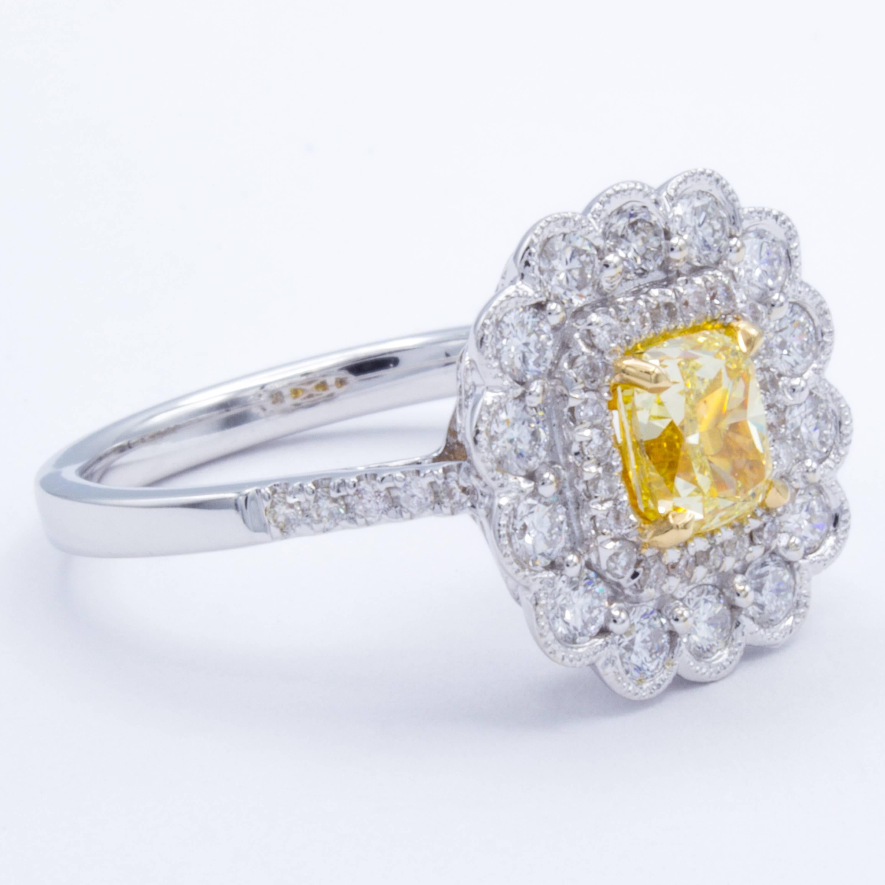 David Rosenberg .76 Natural Fancy Yellow Cushion Cut GIA Diamond Engagement Ring In New Condition In Boca Raton, FL