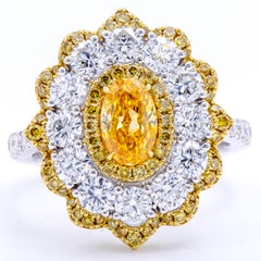 David Rosenberg .78 Ct Oval Fancy Yellow Orange GIA Flower Design Diamond Ring