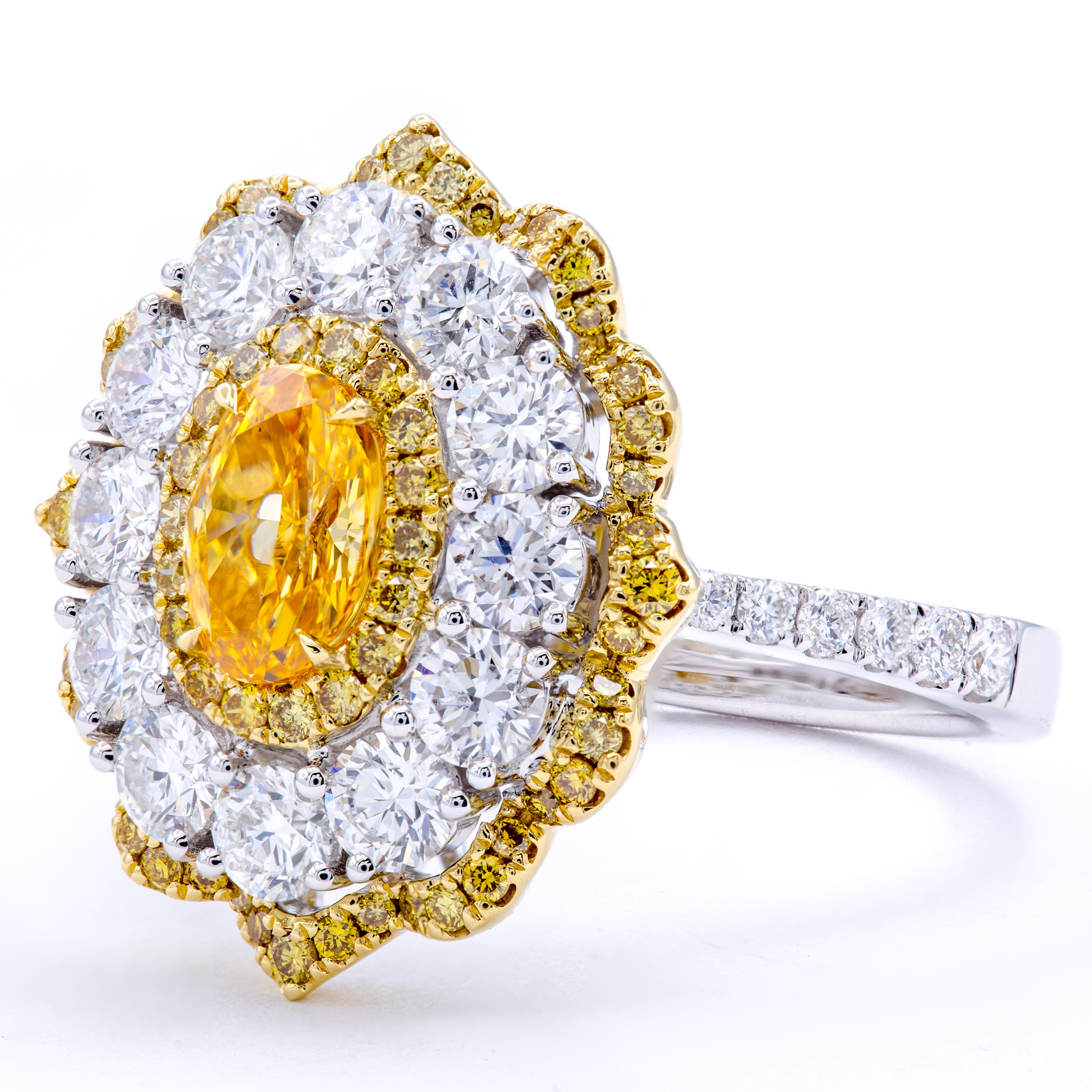 Modern David Rosenberg .78 Ct Oval Fancy Yellow Orange GIA Flower Design Diamond Ring