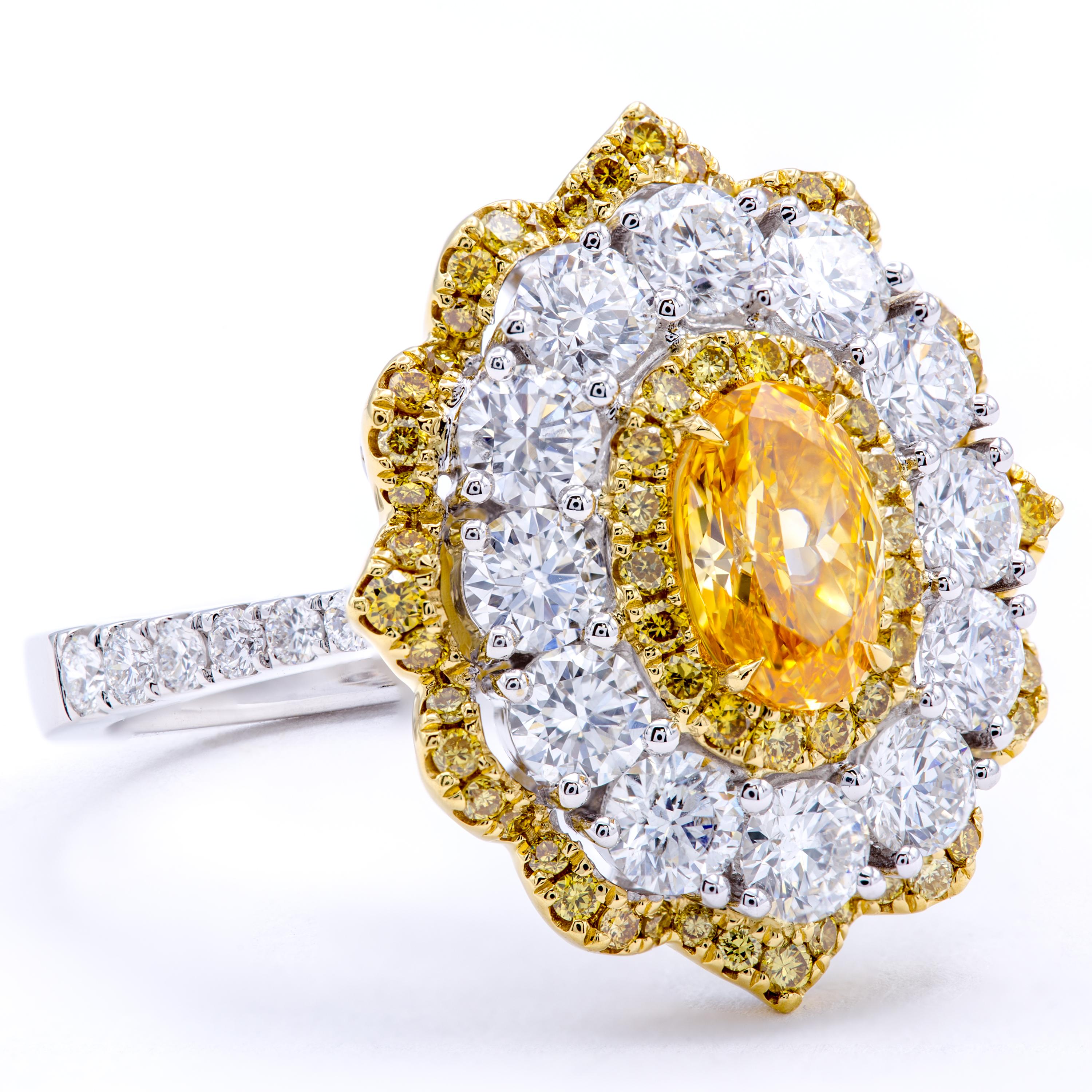 David Rosenberg .78 Ct Oval Fancy Yellow Orange GIA Flower Design Diamond Ring 1