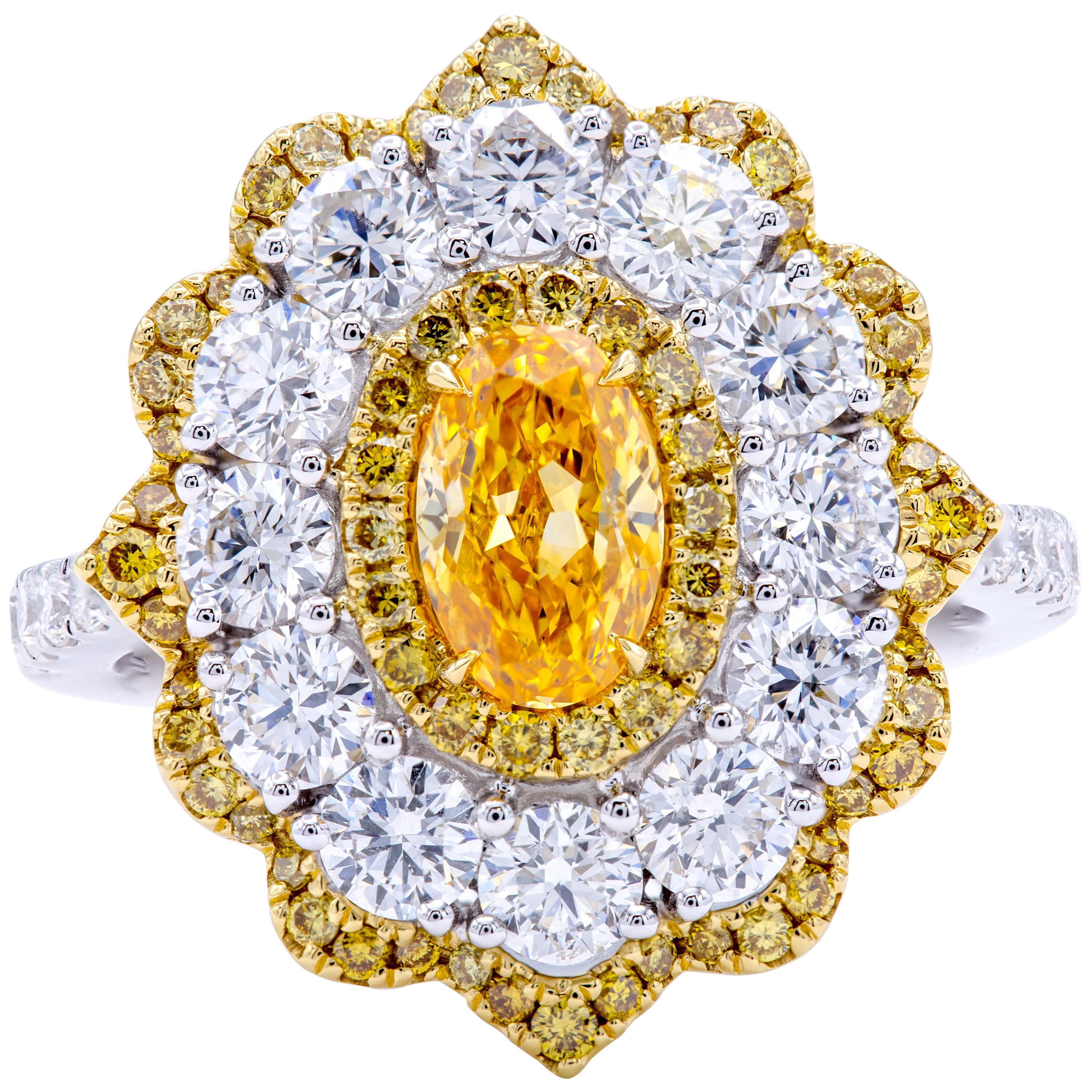 David Rosenberg .78 Ct Oval Fancy Yellow Orange GIA Flower Design Diamond Ring