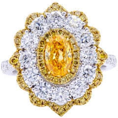 David Rosenberg .78 Ct Oval Fancy Yellow Orange GIA Flower Design Diamond Ring
