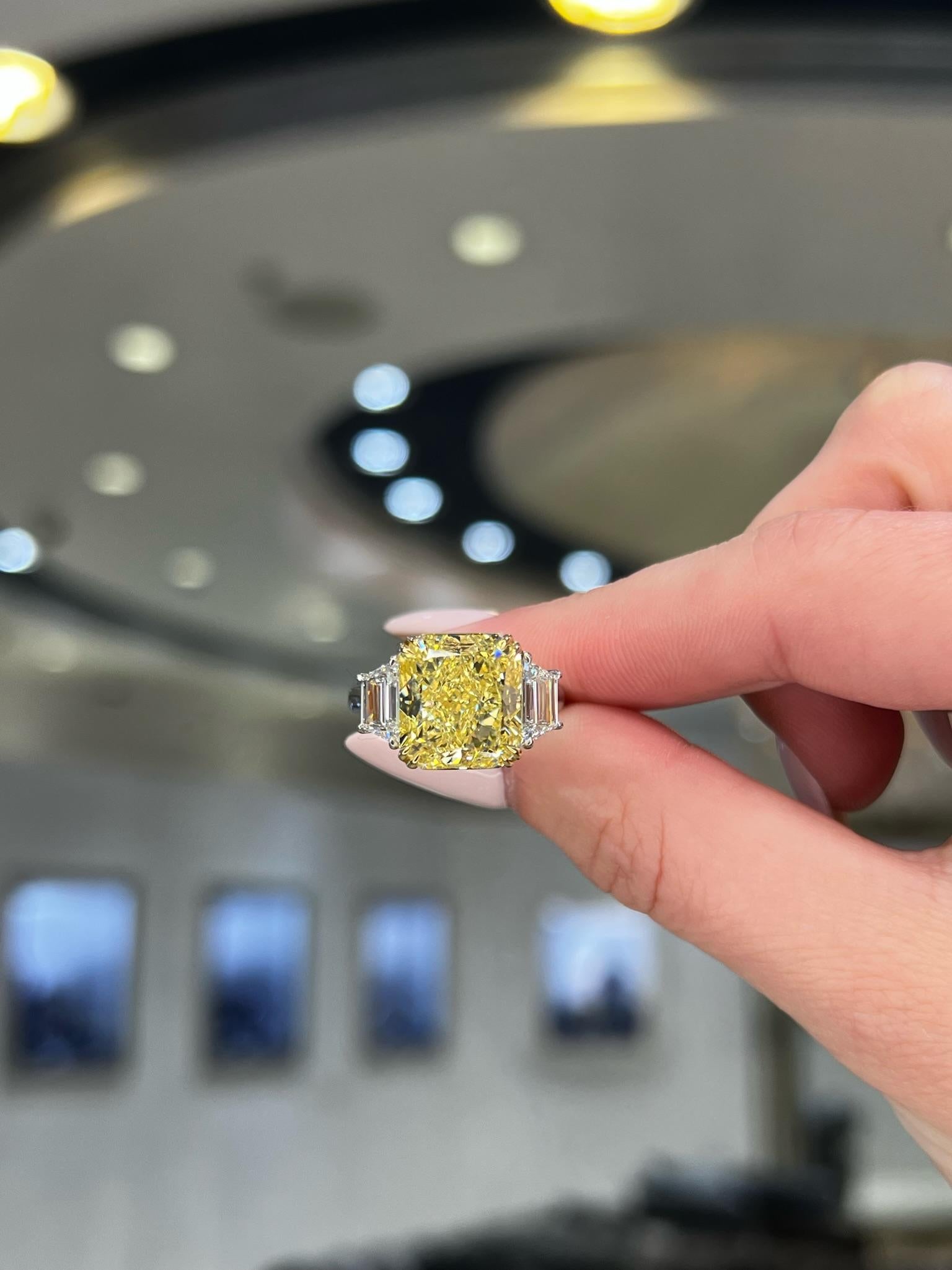 David Rosenberg 7.81 Carat Radiant Fancy Yellow VS1 GIA Diamond Engagement Ring For Sale 4
