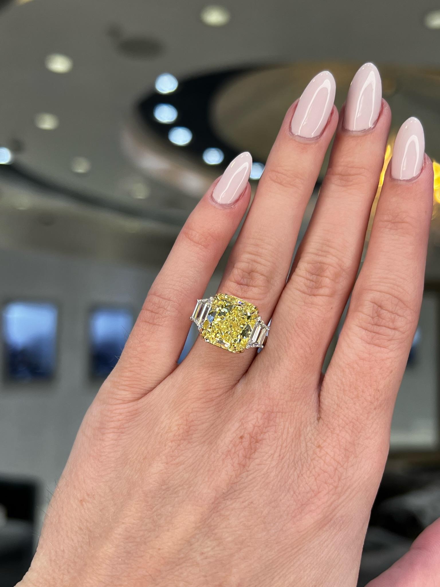 David Rosenberg 7.81 Carat Radiant Fancy Yellow VS1 GIA Diamond Engagement Ring For Sale 6