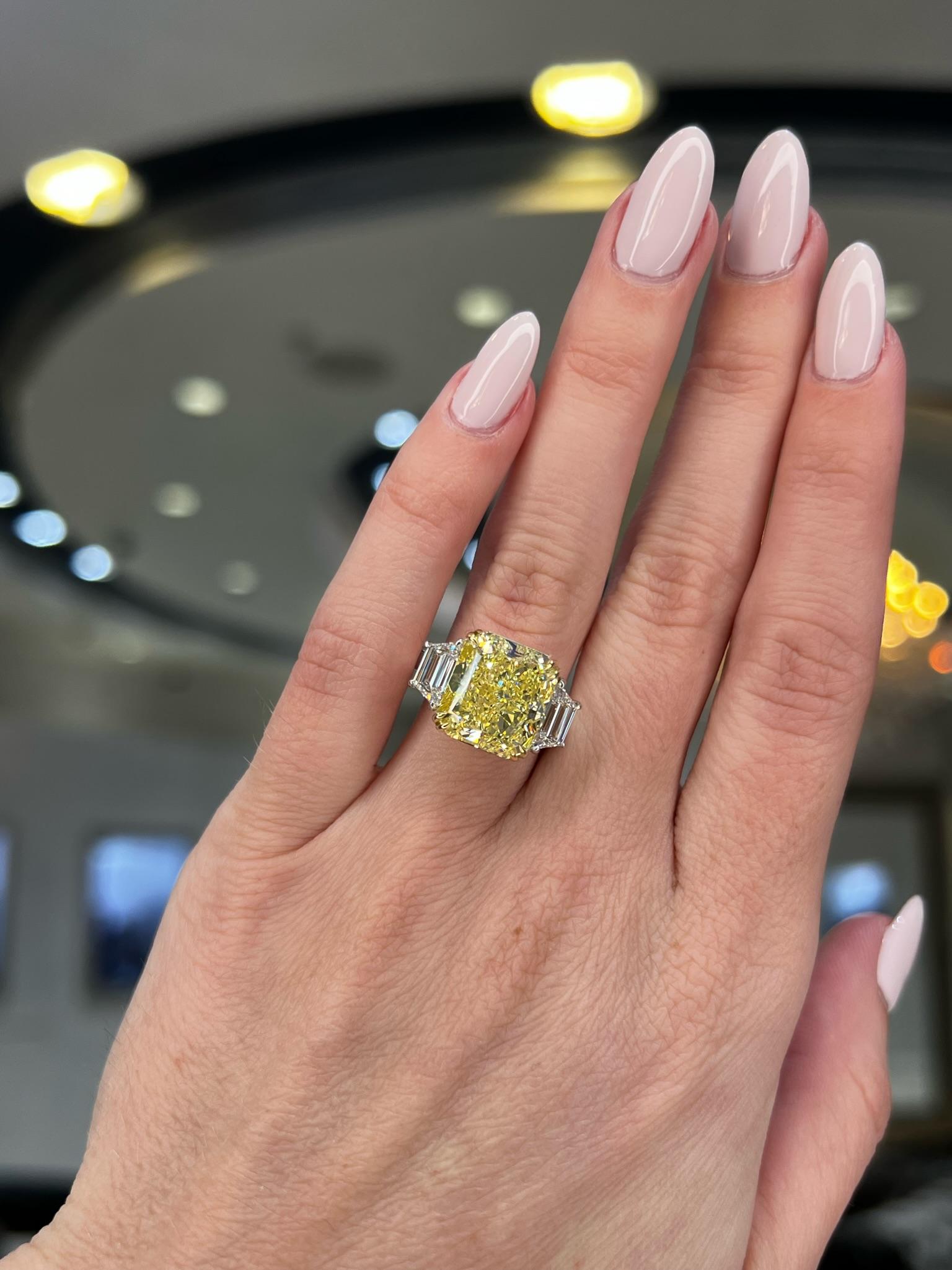 David Rosenberg 7.81 Carat Radiant Fancy Yellow VS1 GIA Diamond Engagement Ring For Sale 8