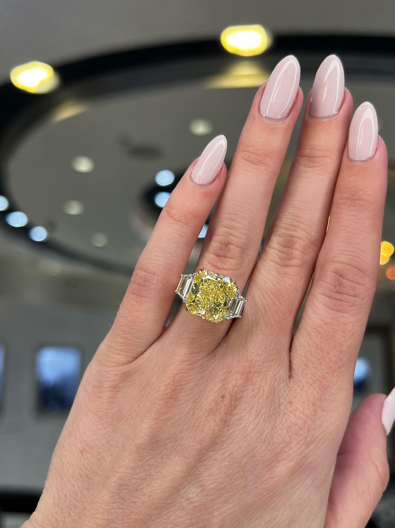 David Rosenberg 7.81 Carat Radiant Fancy Yellow VS1 GIA Diamond Engagement Ring For Sale 9