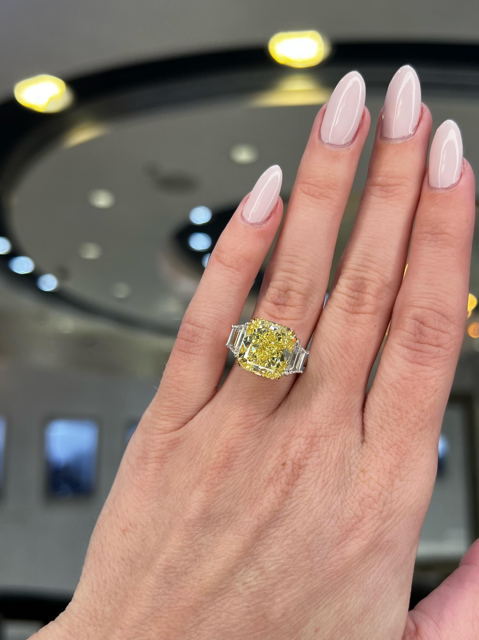 David Rosenberg 7.81 Carat Radiant Fancy Yellow VS1 GIA Diamond Engagement Ring For Sale 10