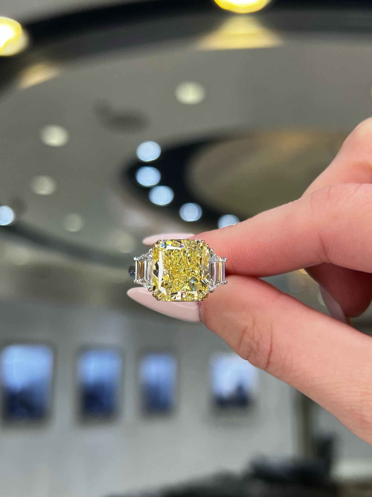 David Rosenberg 7.81 Carat Radiant Fancy Yellow VS1 GIA Diamond Engagement Ring For Sale 11
