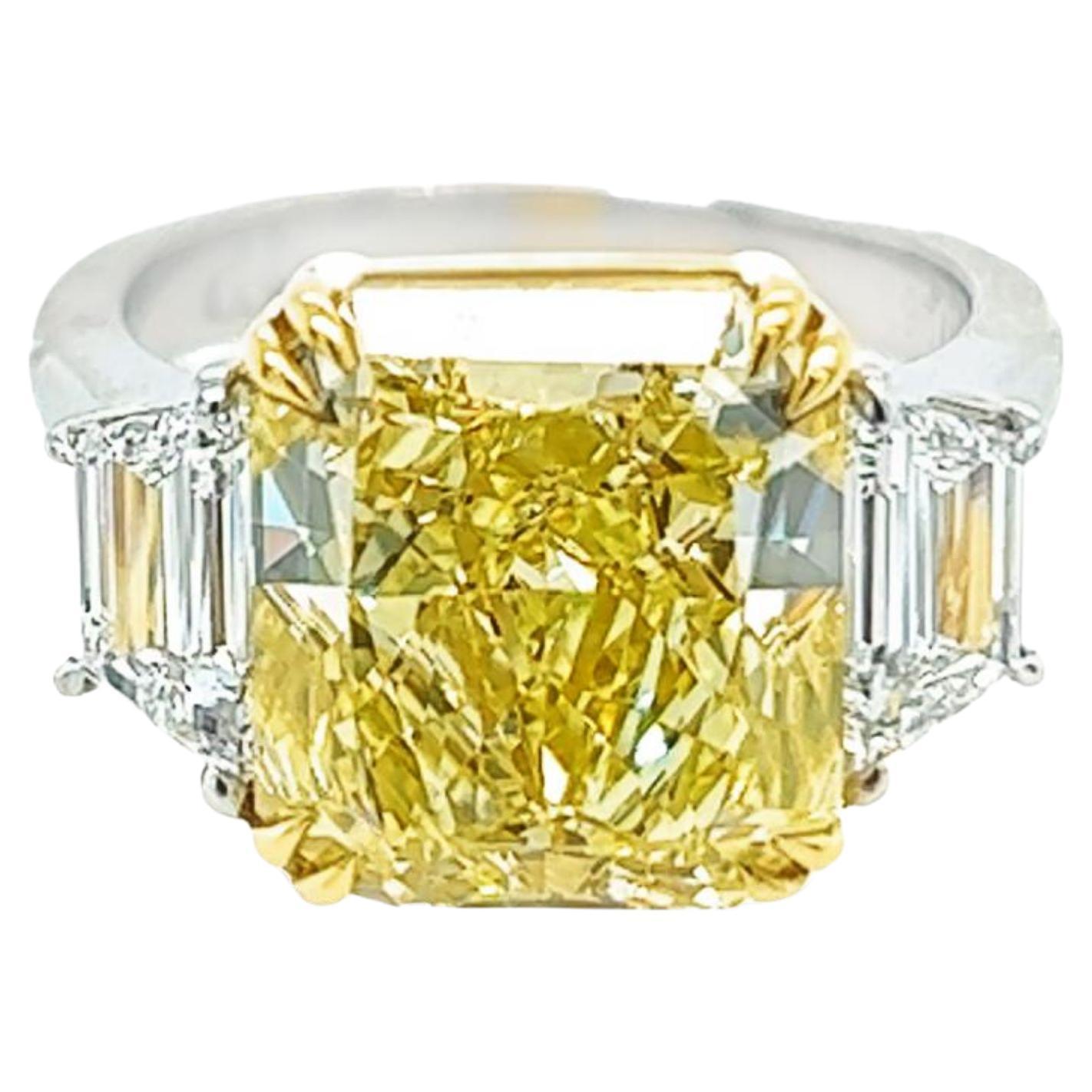 David Rosenberg 7.81 Carat Radiant Fancy Yellow VS1 GIA Diamond Engagement Ring For Sale