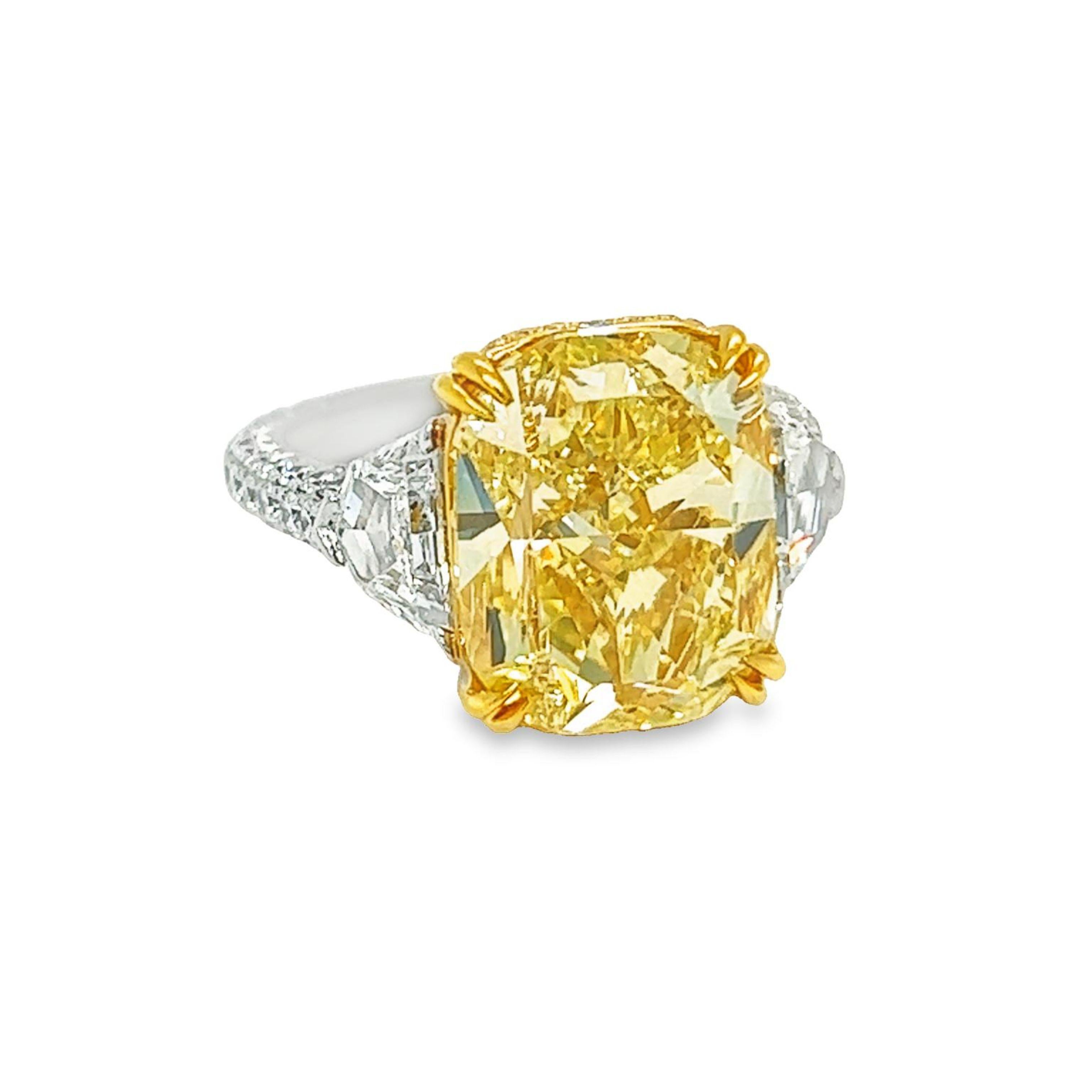 Cushion Cut David Rosenberg 8.02 Carat Cushion Fancy Yellow VS1 GIA 3 Stone Engagement Ring For Sale