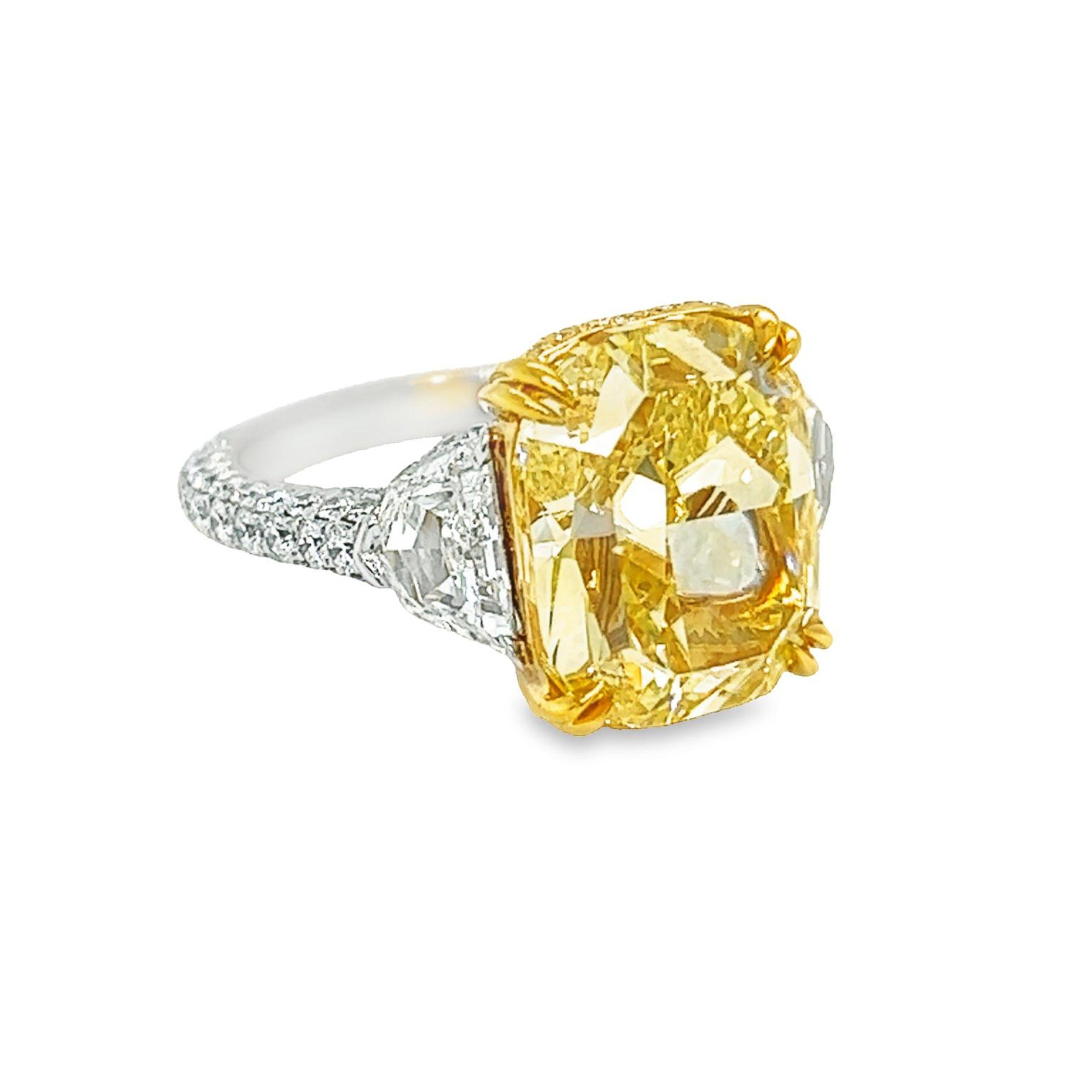 David Rosenberg 8.02 Carat Cushion Fancy Yellow VS1 GIA 3 Stone Engagement Ring In New Condition For Sale In Boca Raton, FL