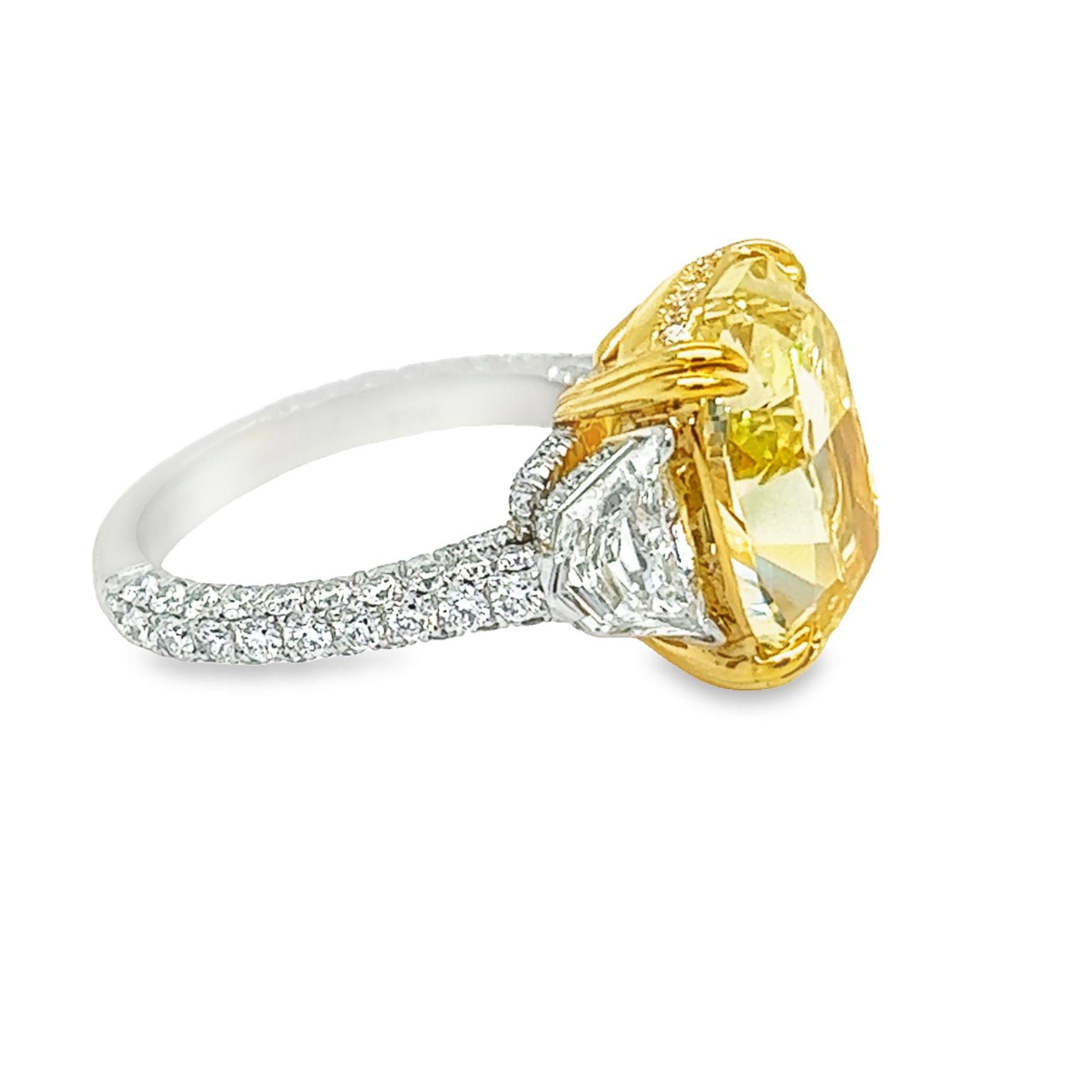 Women's David Rosenberg 8.02 Carat Cushion Fancy Yellow VS1 GIA 3 Stone Engagement Ring For Sale
