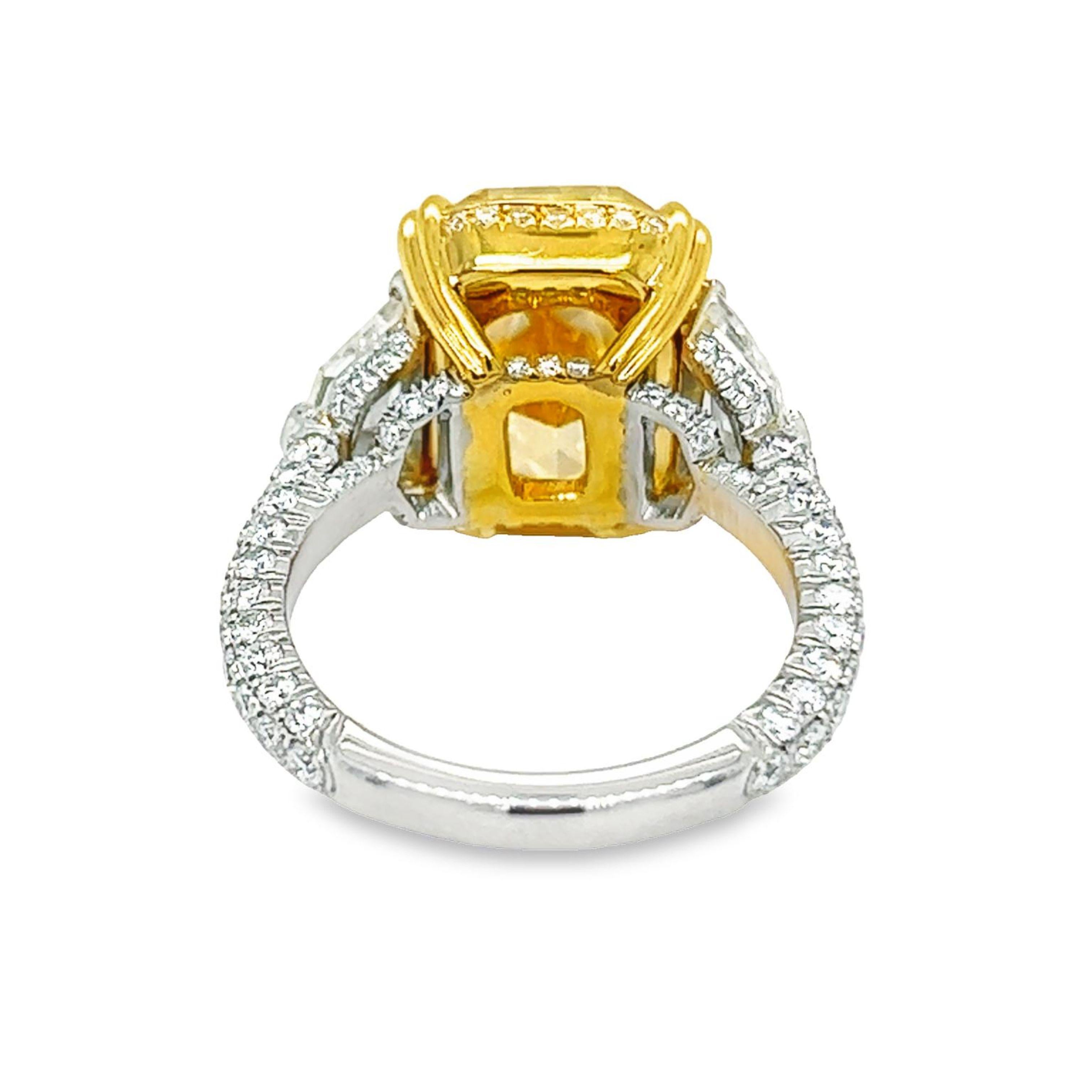 Modern David Rosenberg 8.02 Carat Cushion Fancy Yellow VS1 GIA 3 Stone Engagement Ring For Sale