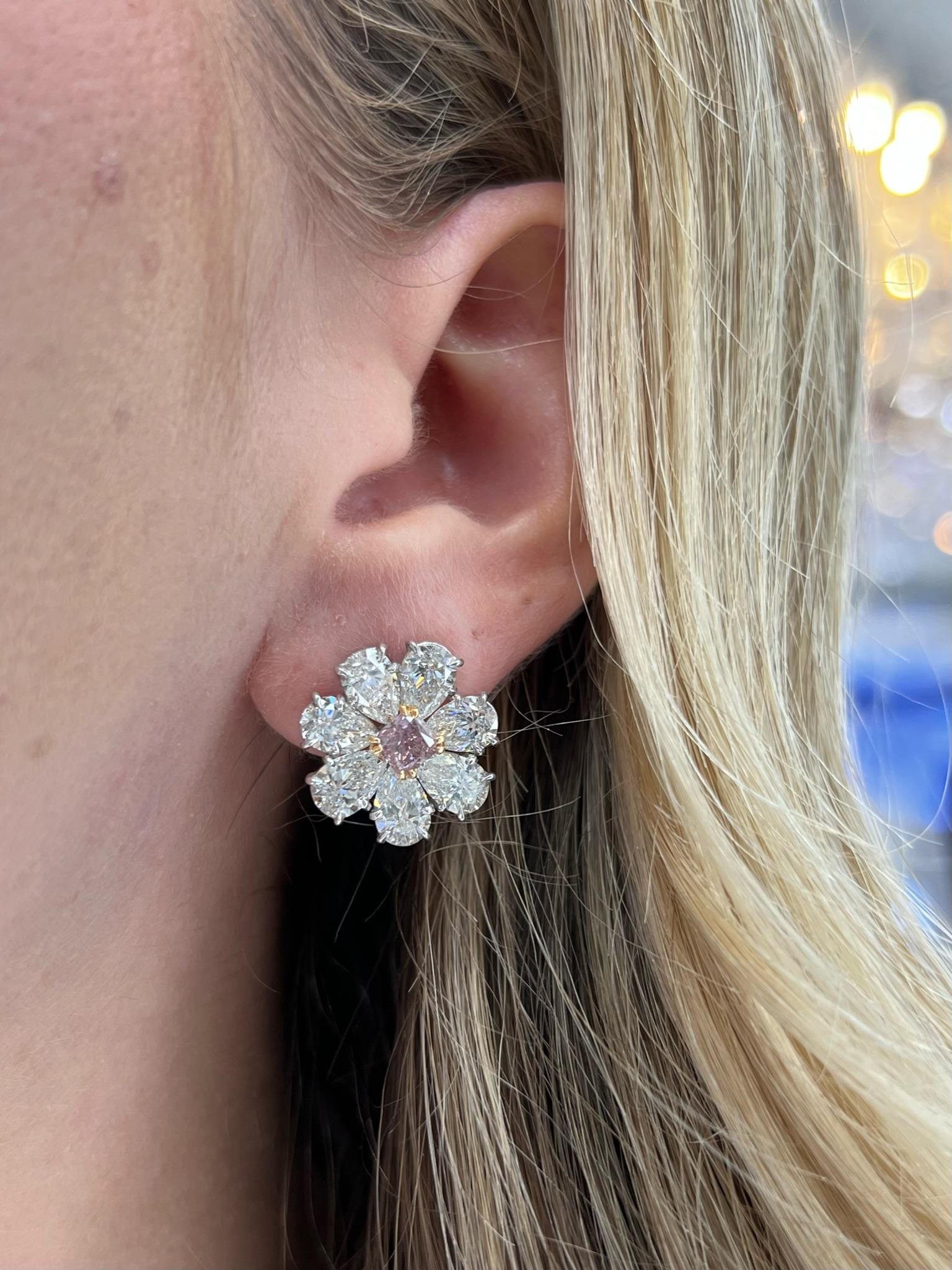 David Rosenberg 8.21 Fancy Purplish Pink Radiant Pear GIA Flower Diamond Earring In New Condition For Sale In Boca Raton, FL