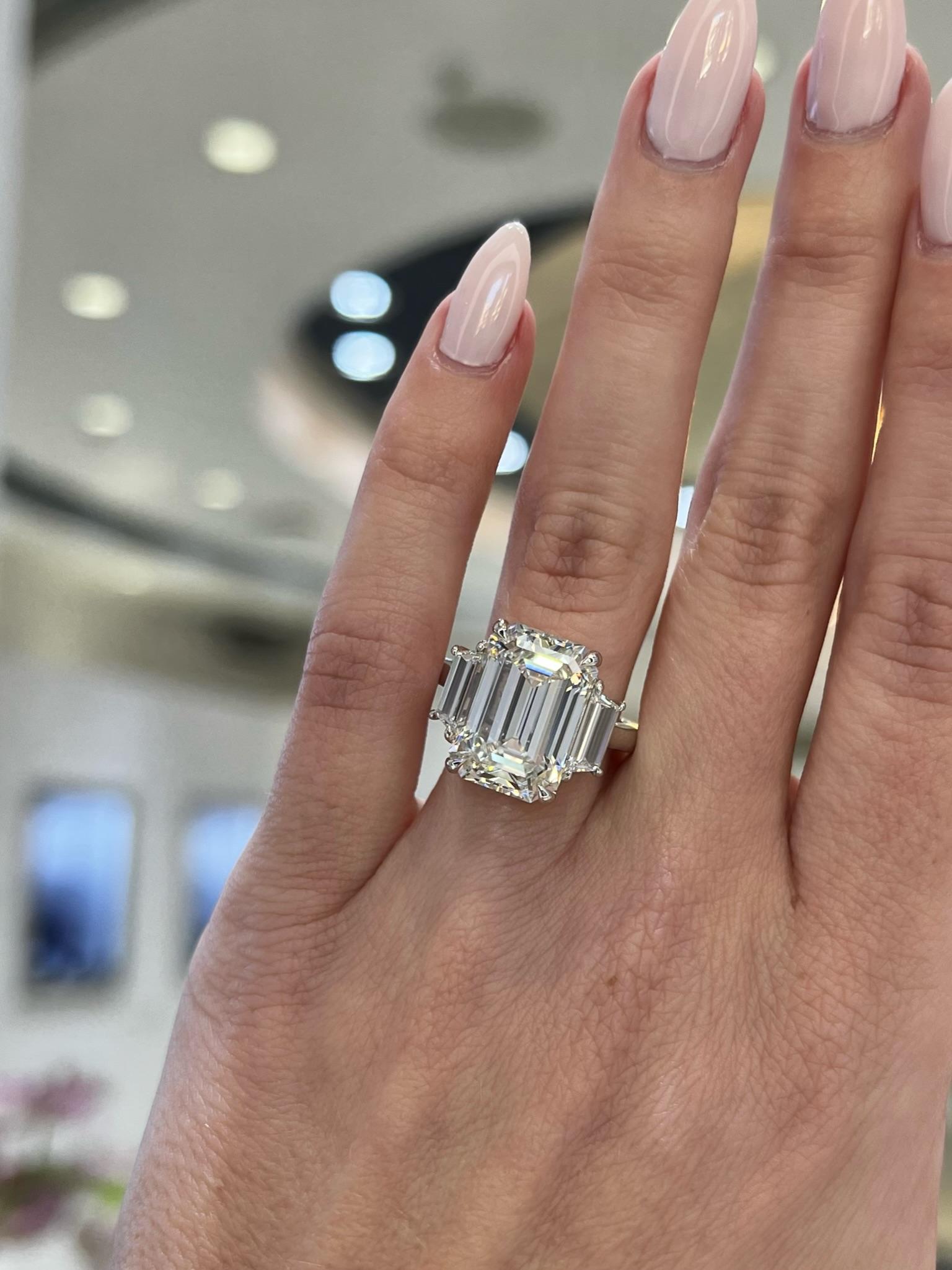 David Rosenberg 8.37 Carat Emerald Cut GIA Three Stone Diamond Engagement Ring For Sale 5