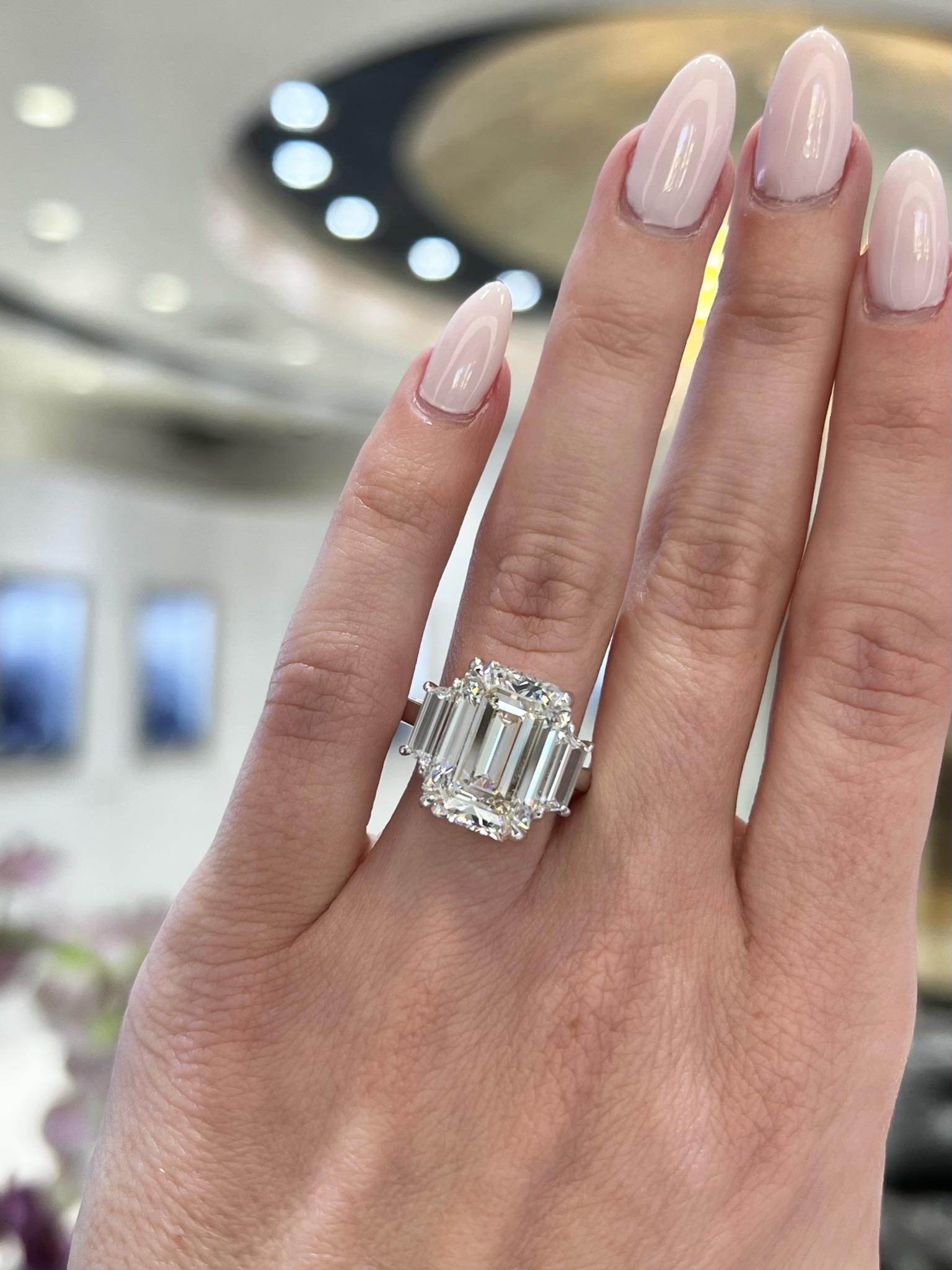 David Rosenberg 8.37 Carat Emerald Cut GIA Three Stone Diamond Engagement Ring For Sale 6