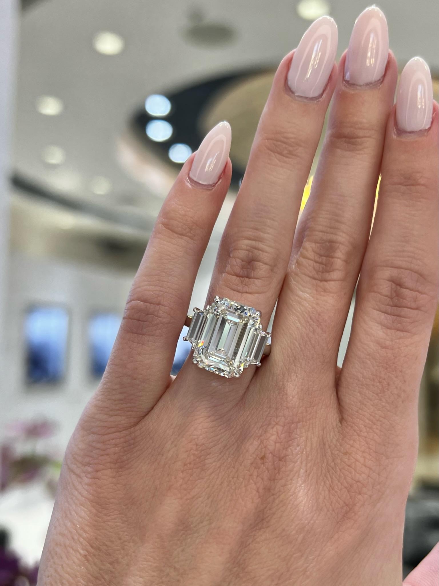 David Rosenberg 8.37 Carat Emerald Cut GIA Three Stone Diamond Engagement Ring For Sale 7