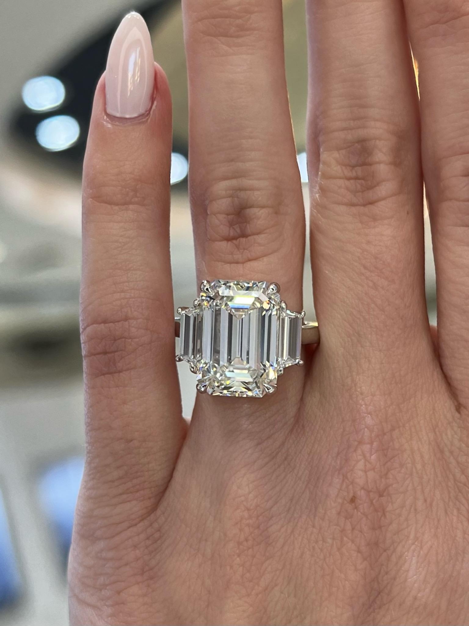 David Rosenberg 8.37 Carat Emerald Cut GIA Three Stone Diamond Engagement Ring For Sale 8