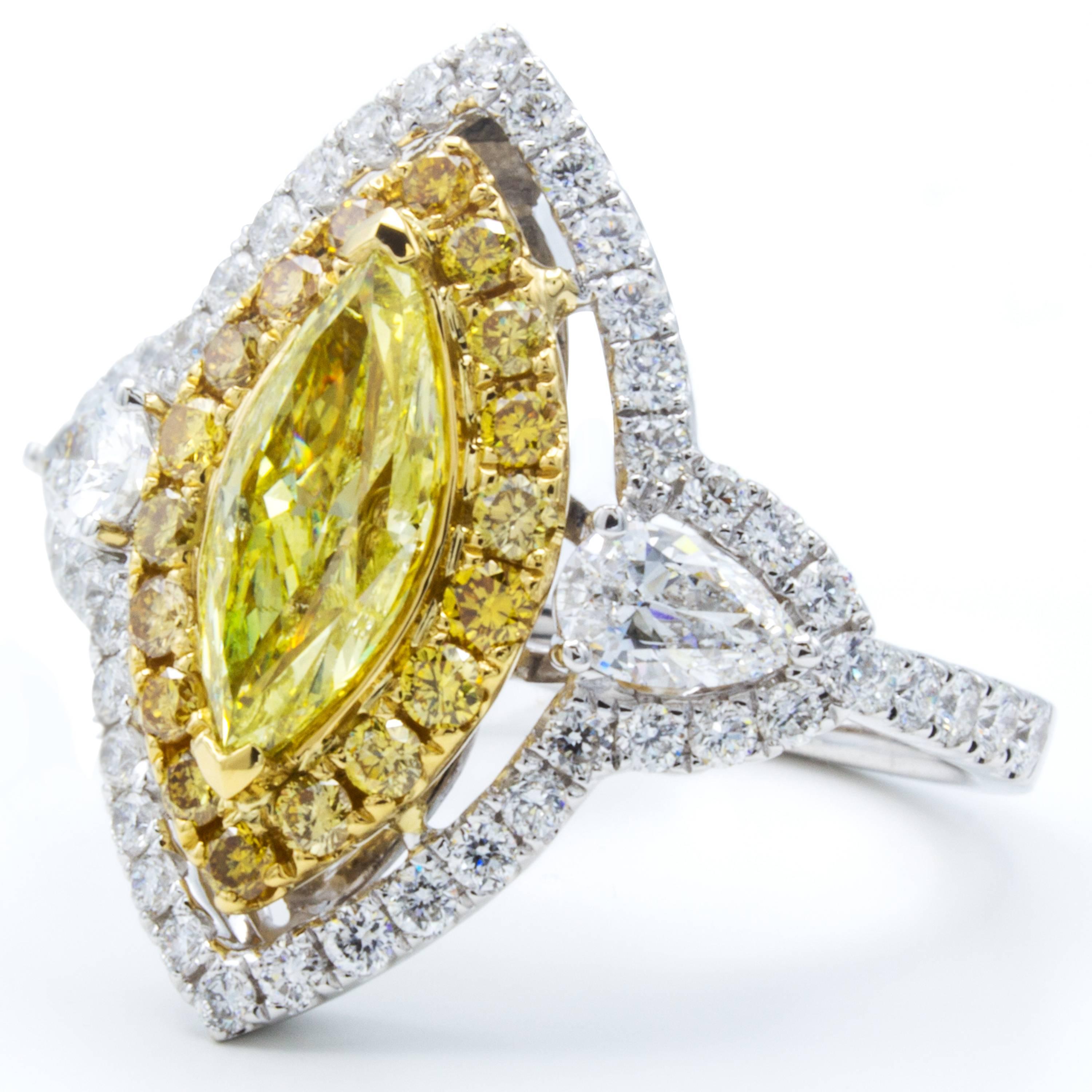 Modern David Rosenberg .93 Carat  FIY GIA Marquise Halo Three-Stone Diamond Ring For Sale