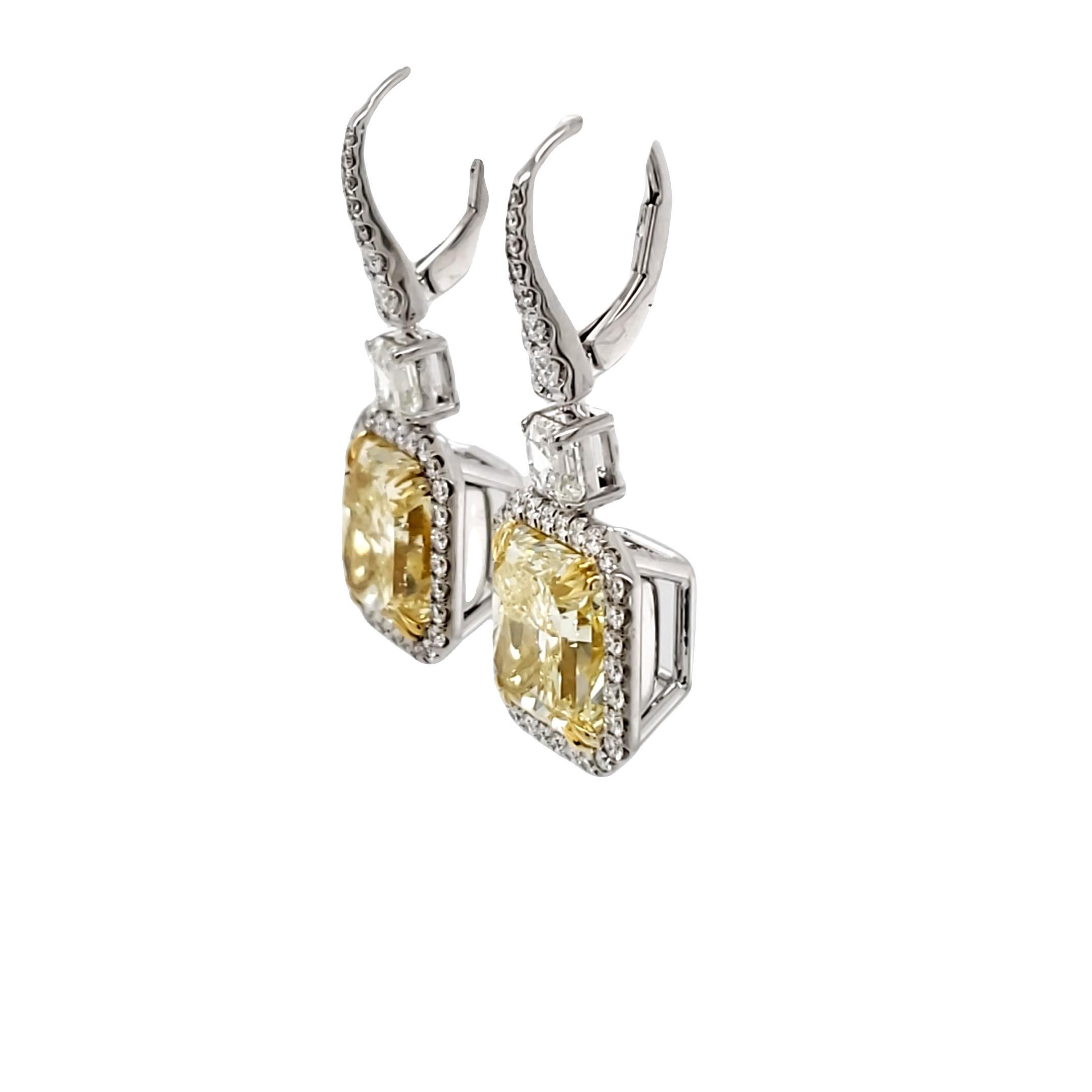 David Rosenberg 9.68 Carat Radiant Cut Fancy Yellow GIA Diamond Drop Earrings For Sale 5