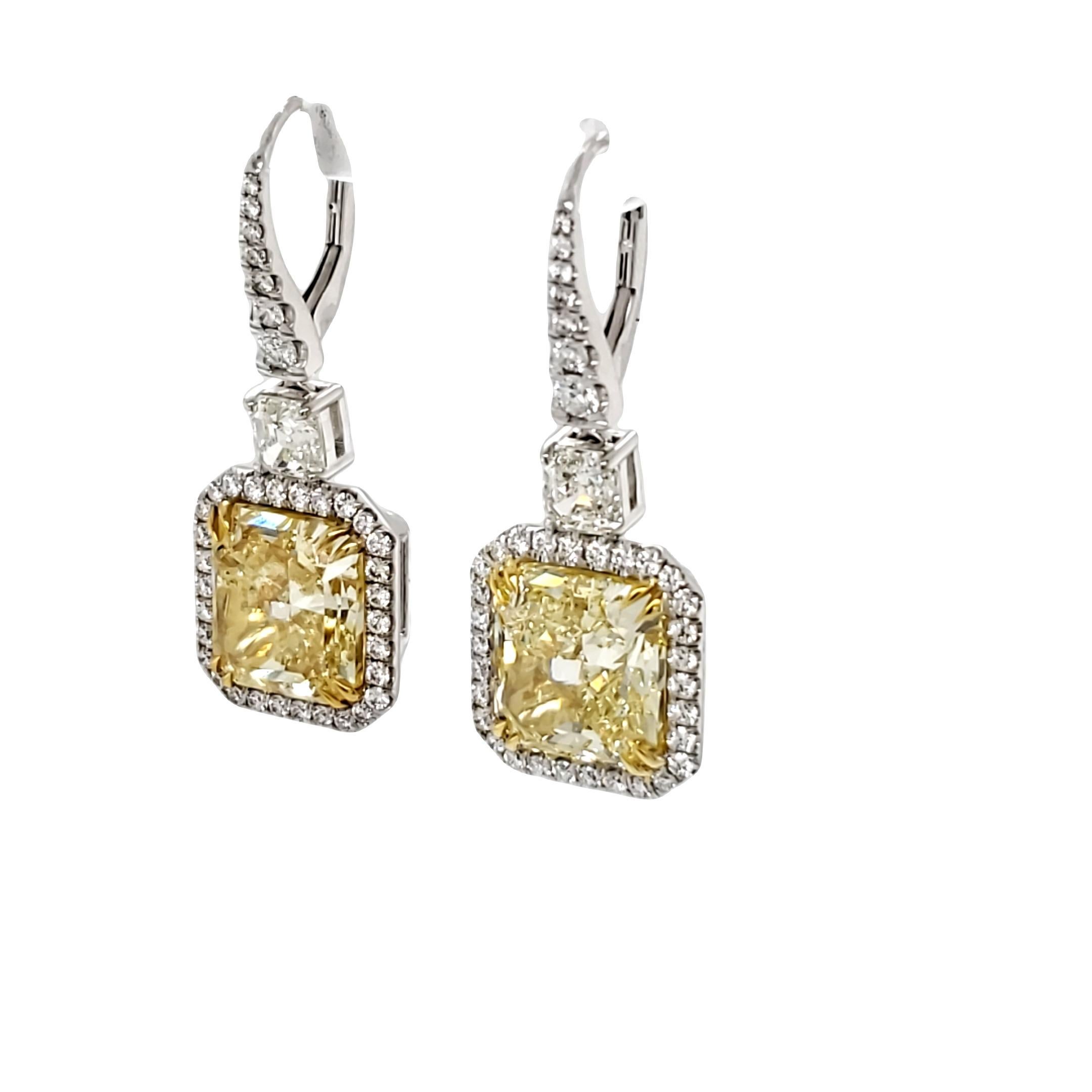 David Rosenberg 9.68 Carat Radiant Cut Fancy Yellow GIA Diamond Drop Earrings For Sale 6