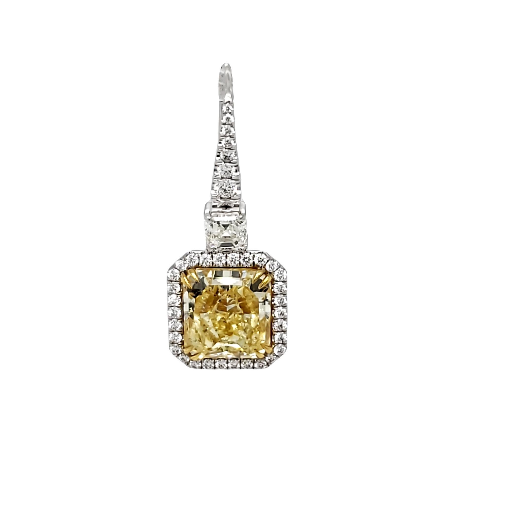 David Rosenberg 9.68 Carat Radiant Cut Fancy Yellow GIA Diamond Drop Earrings For Sale 8