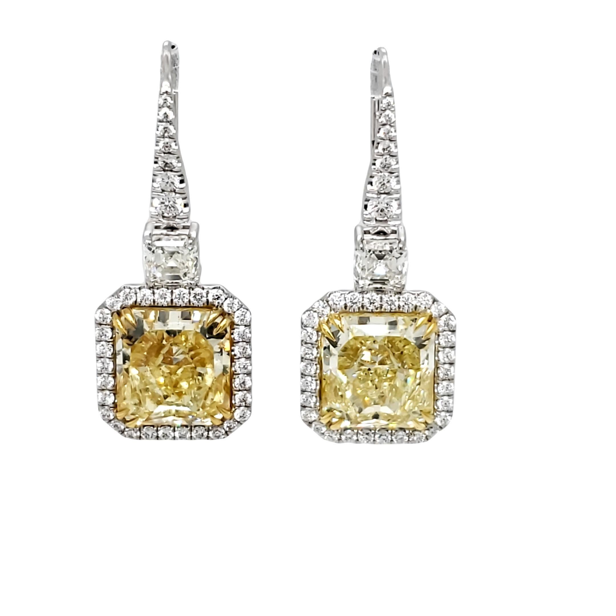 David Rosenberg 9.68 Carat Radiant Cut Fancy Yellow GIA Diamond Drop Earrings For Sale 9