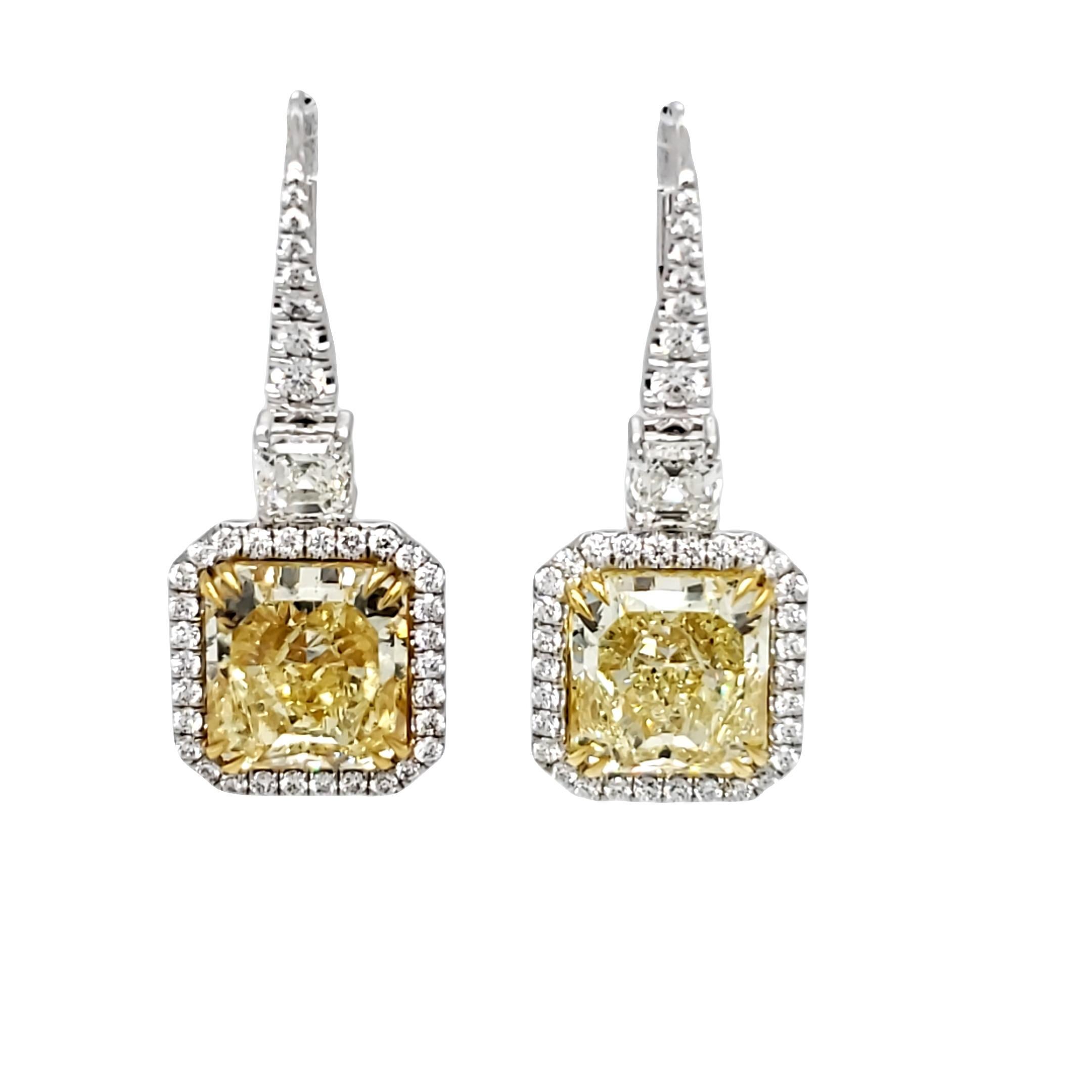 David Rosenberg 9.68 Carat Radiant Cut Fancy Yellow GIA Diamond Drop Earrings For Sale 10