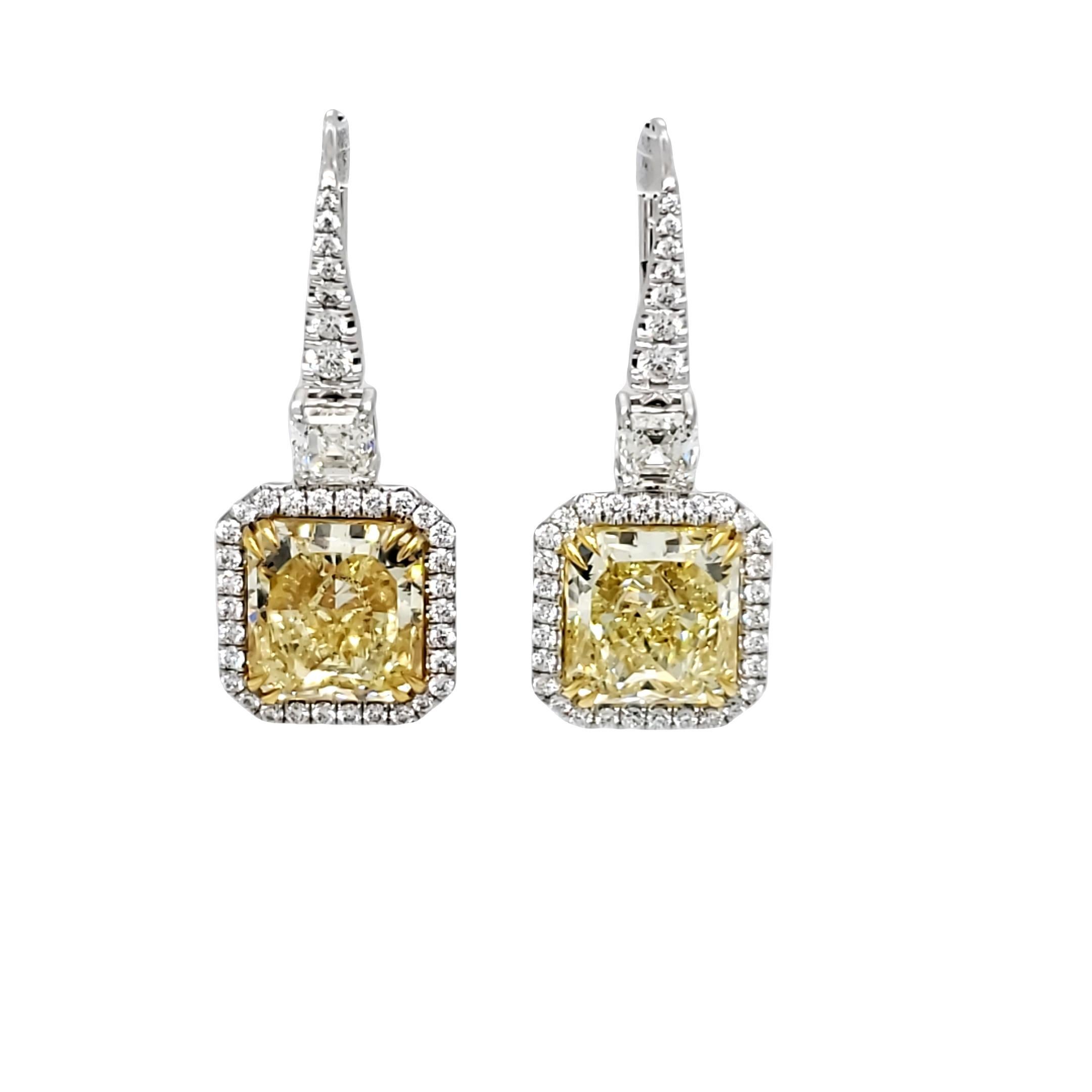 David Rosenberg 9.68 Carat Radiant Cut Fancy Yellow GIA Diamond Drop Earrings In New Condition For Sale In Boca Raton, FL
