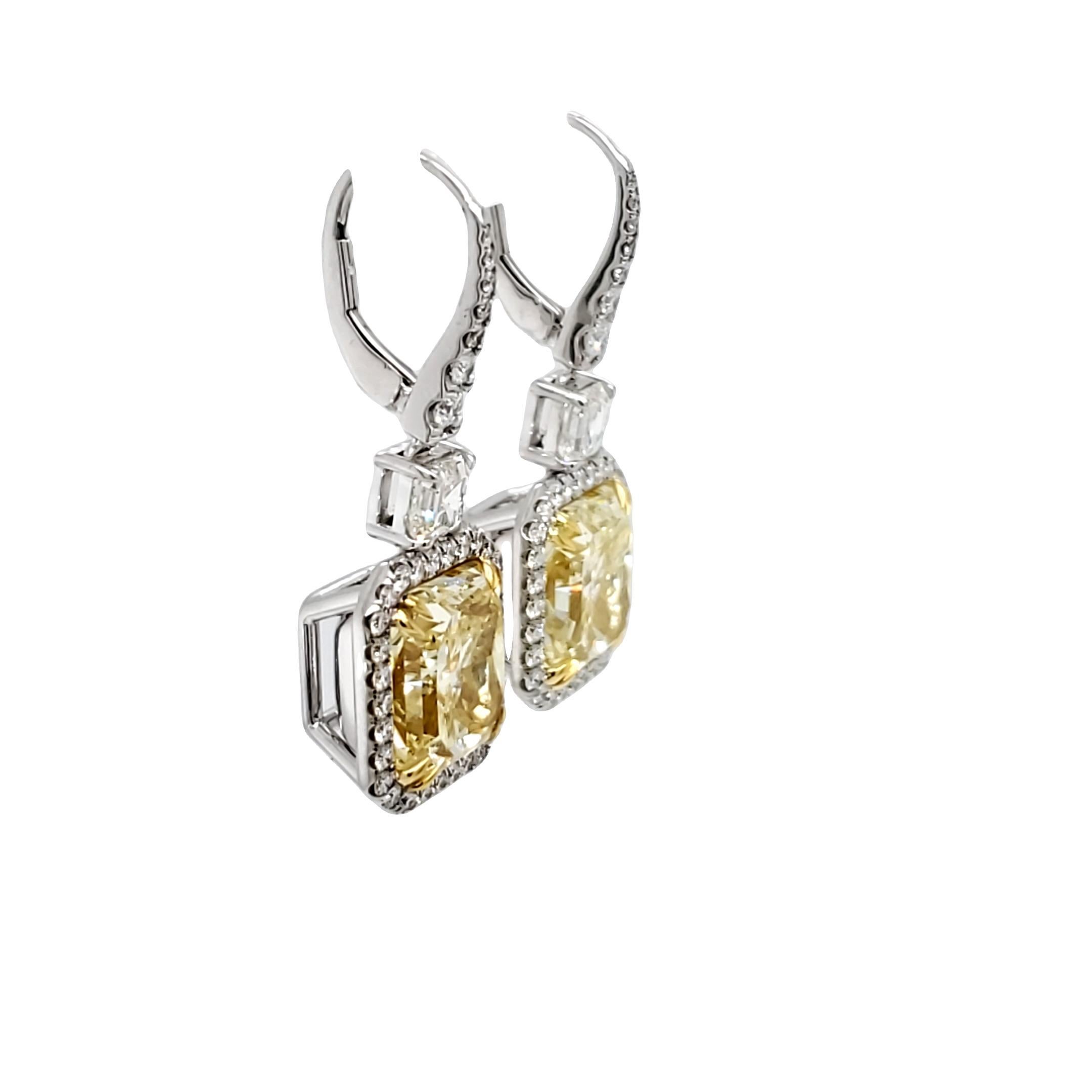 David Rosenberg 9.68 Carat Radiant Cut Fancy Yellow GIA Diamond Drop Earrings For Sale 1