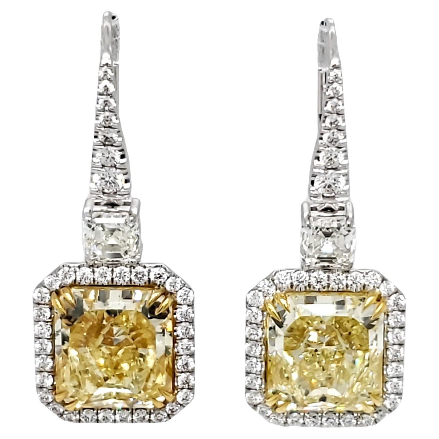 David Rosenberg 9.68 Carat Radiant Cut Fancy Yellow GIA Diamond Drop Earrings