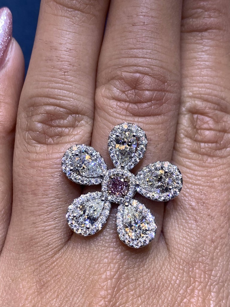 David Rosenberg Fancy Purple Pink Radiant GIA Pear Shape Flower Diamond Ring For Sale 4