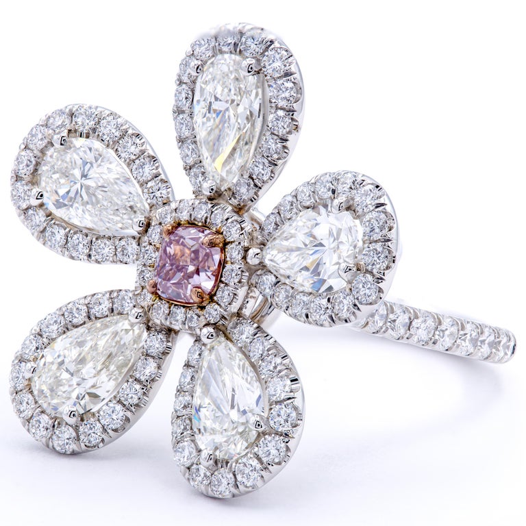 Modern David Rosenberg Fancy Purple Pink Radiant GIA Pear Shape Flower Diamond Ring For Sale