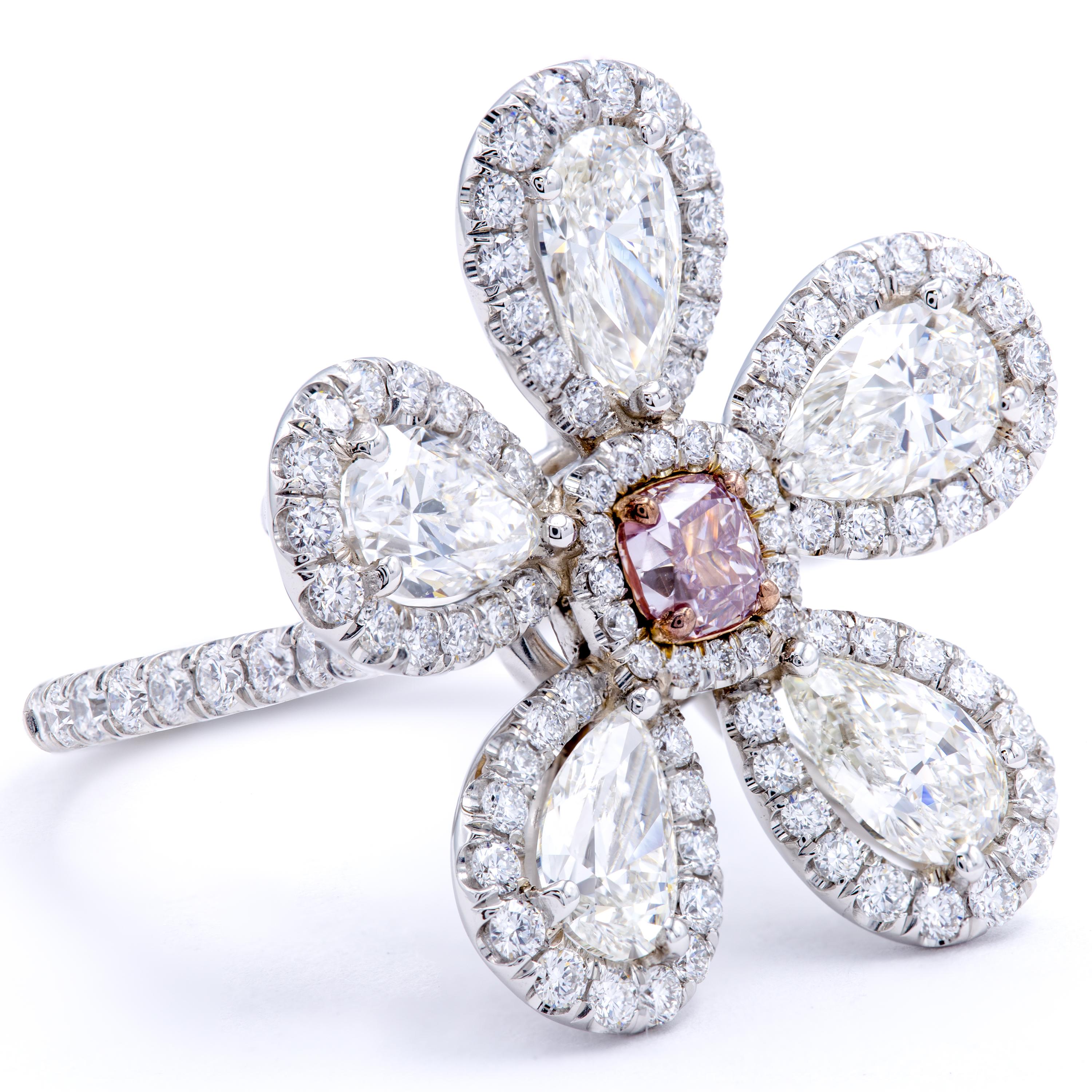 Women's David Rosenberg Fancy Purple Pink Radiant GIA Pear Shape Flower Diamond Ring
