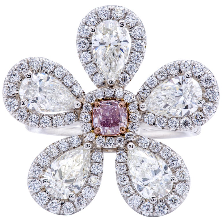 David Rosenberg Fancy Purple Pink Radiant GIA Pear Shape Flower Diamond Ring For Sale