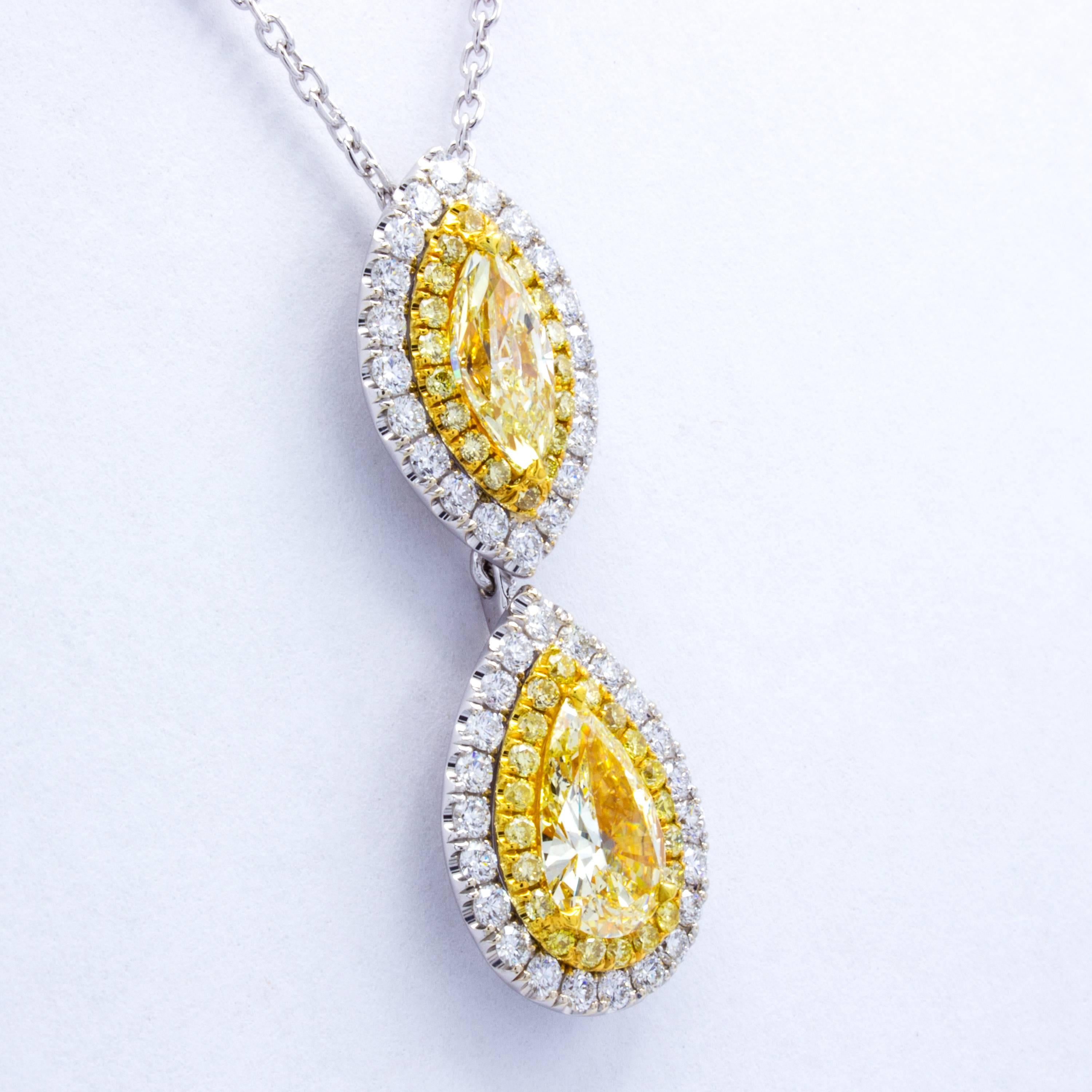 Modern David Rosenberg Fancy Yellow Marquise and Pear Shape Diamond Pendant Necklace