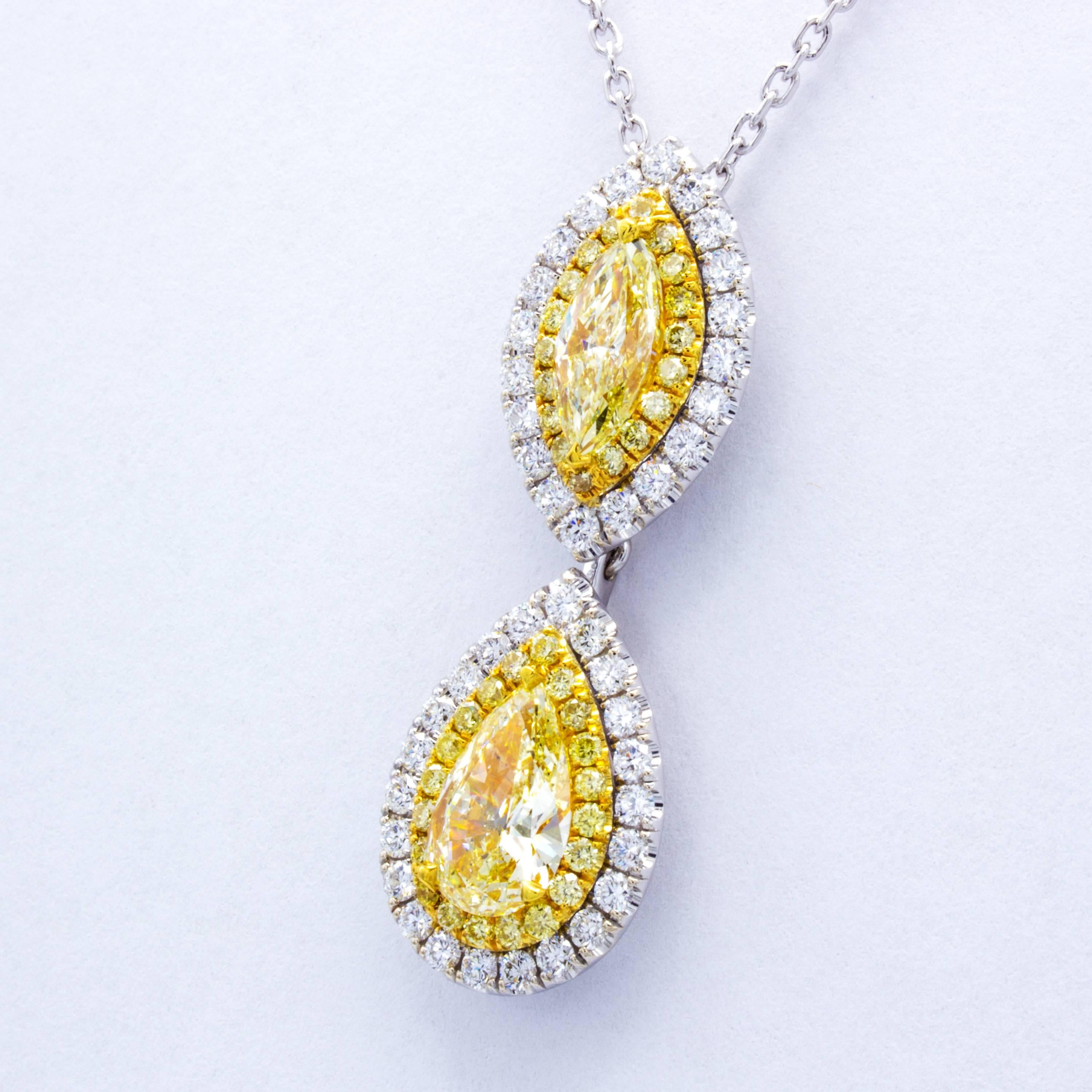 Marquise Cut David Rosenberg Fancy Yellow Marquise and Pear Shape Diamond Pendant Necklace