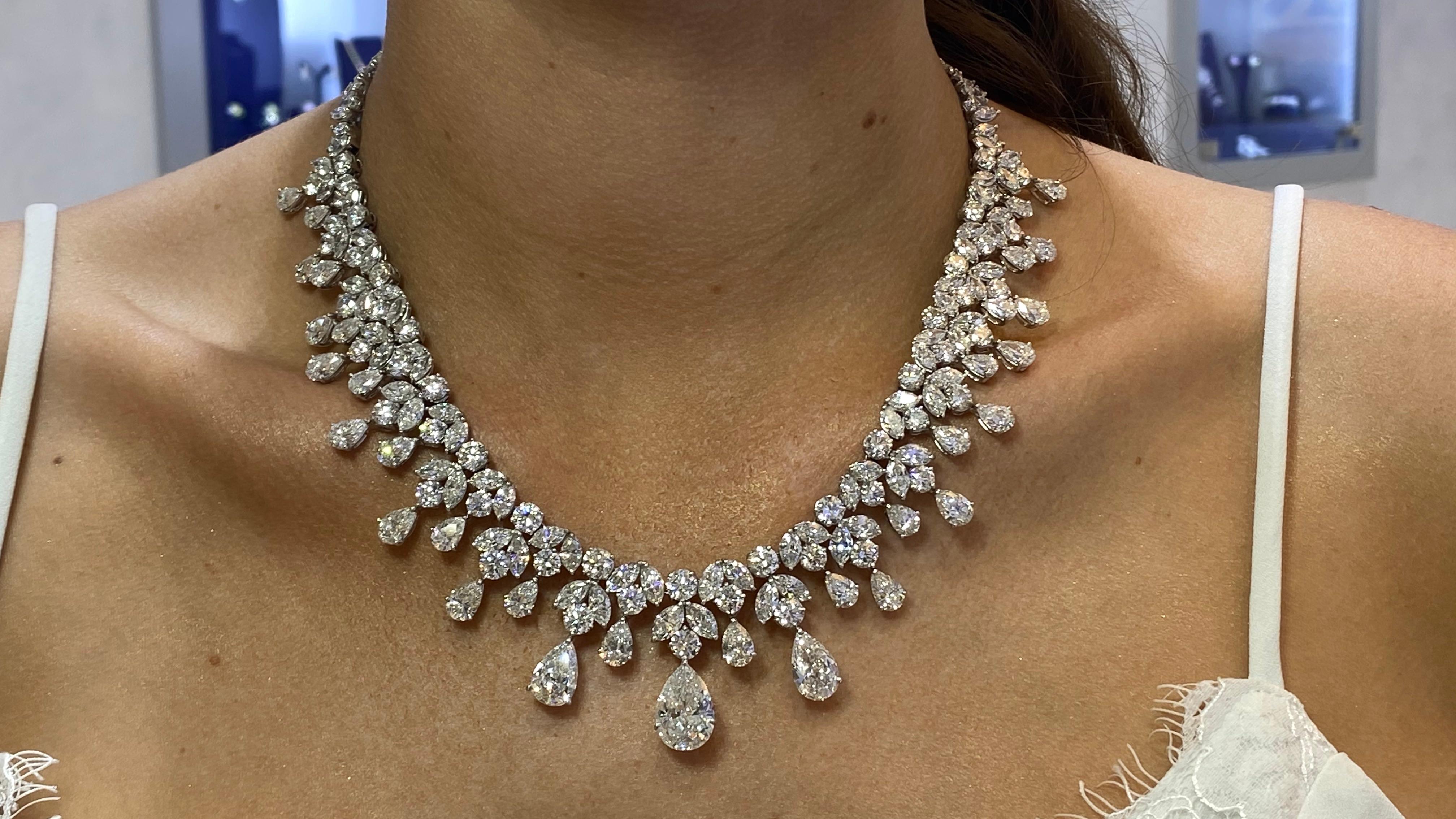 Contemporary David Rosenberg Platinum 96 Carats Pear and Round Shape Diamond Tiara Necklace  For Sale