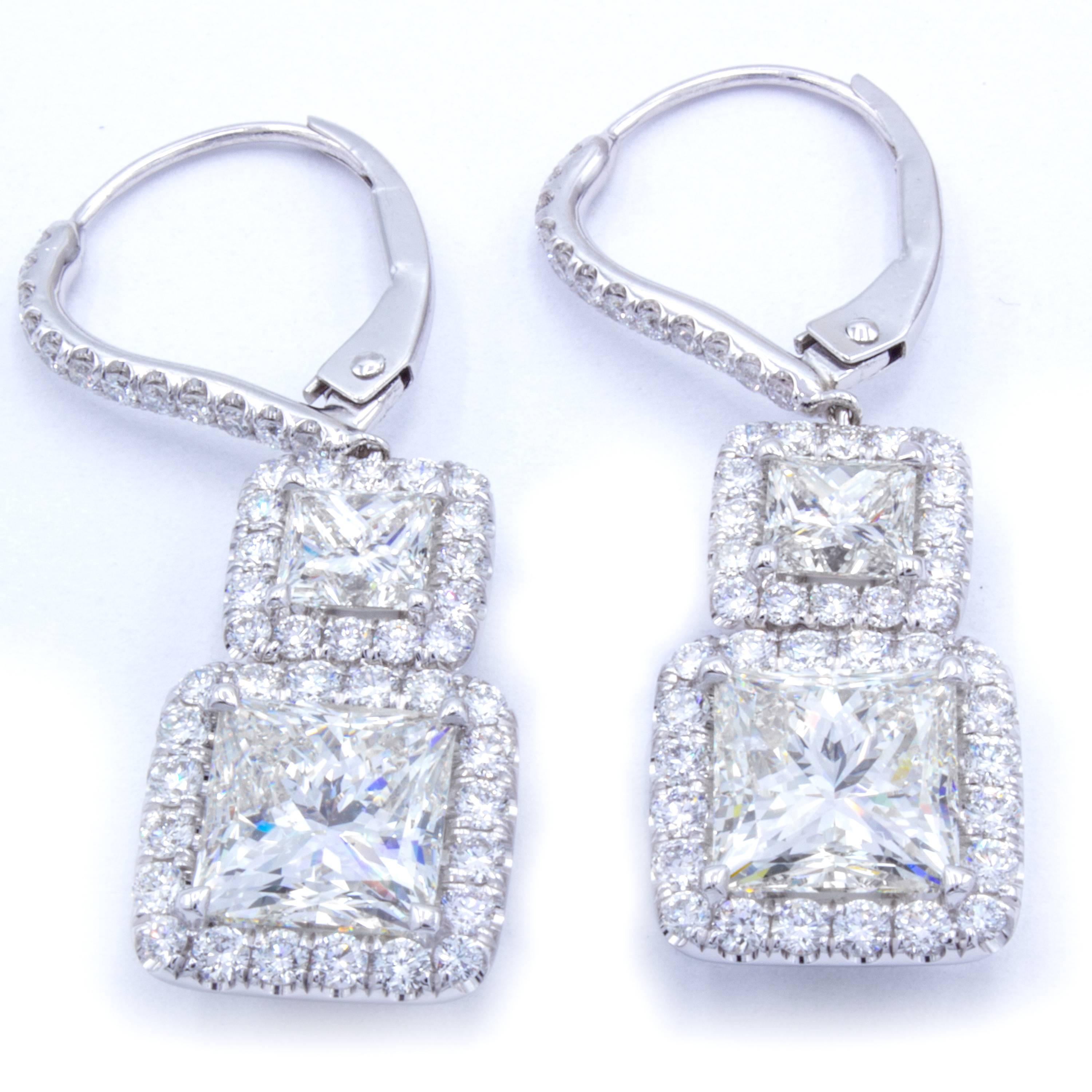 Modern David Rosenberg Princess Cut Halo Diamond Platinum Lever Back Earrings