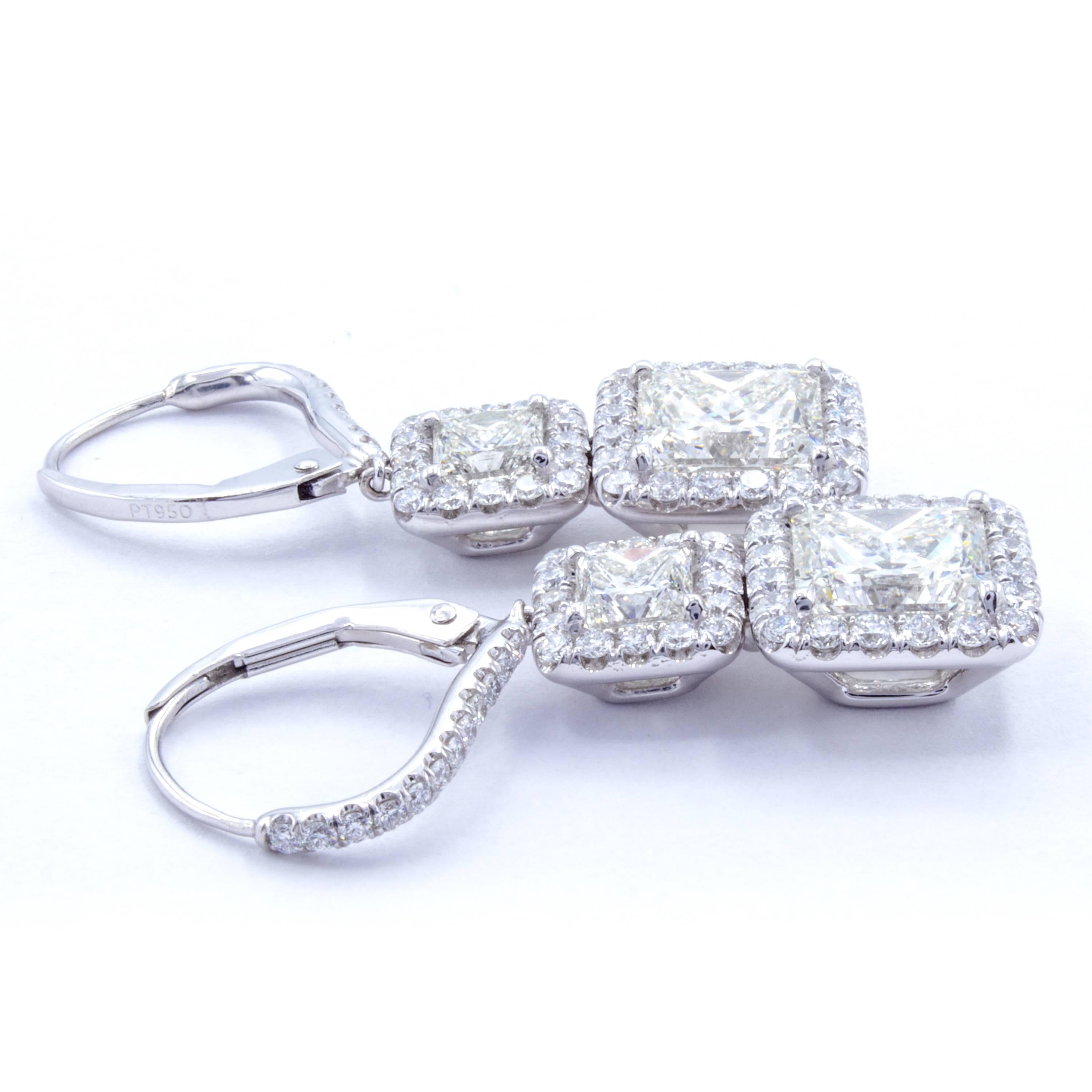 David Rosenberg Princess Cut Halo Diamond Platinum Lever Back Earrings 1