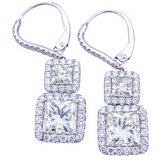 David Rosenberg Princess Cut Halo Diamond Platinum Lever Back Earrings